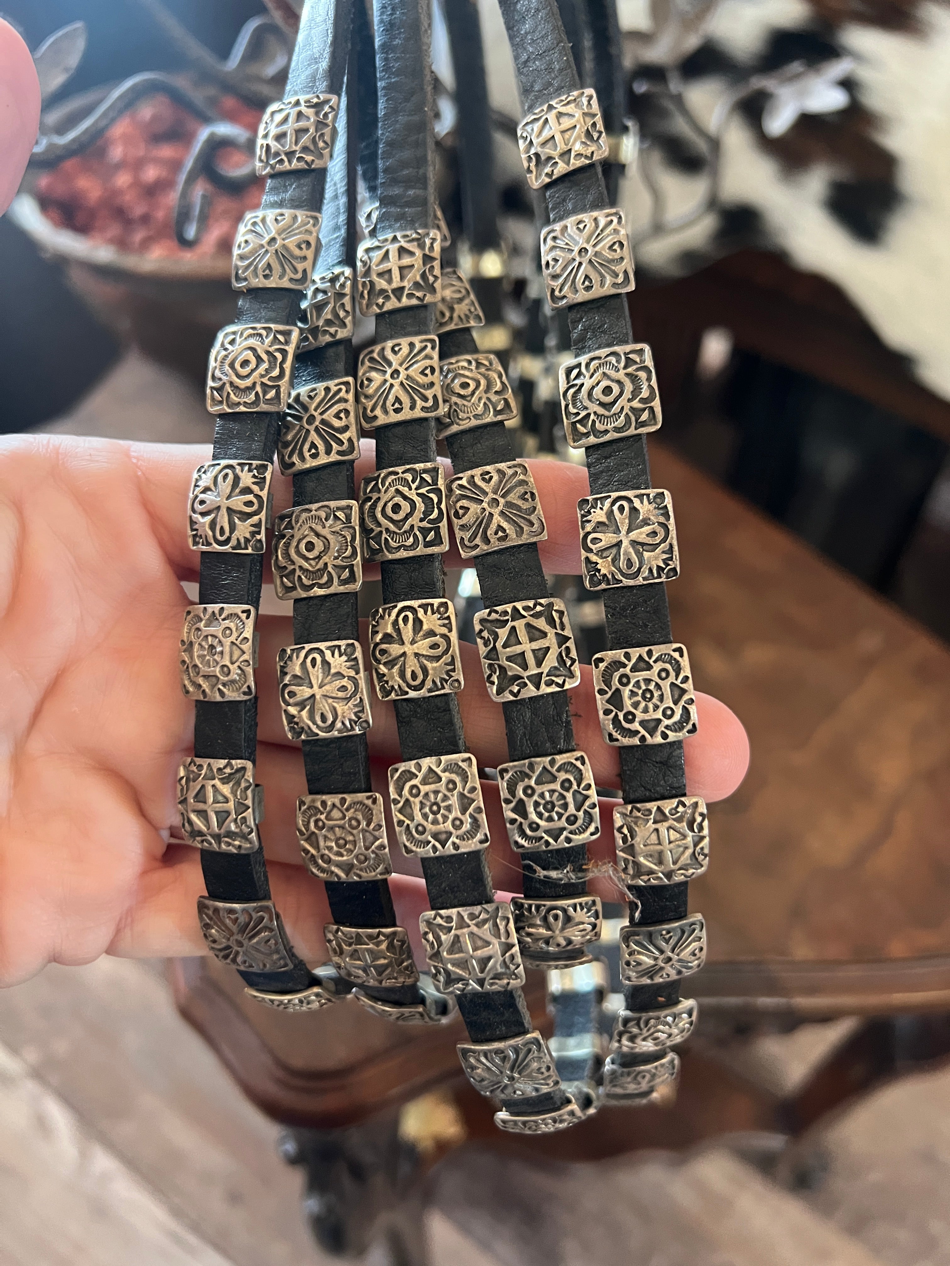 Leather and Sterling Silver Concho Slide Hat Band, Black Leather