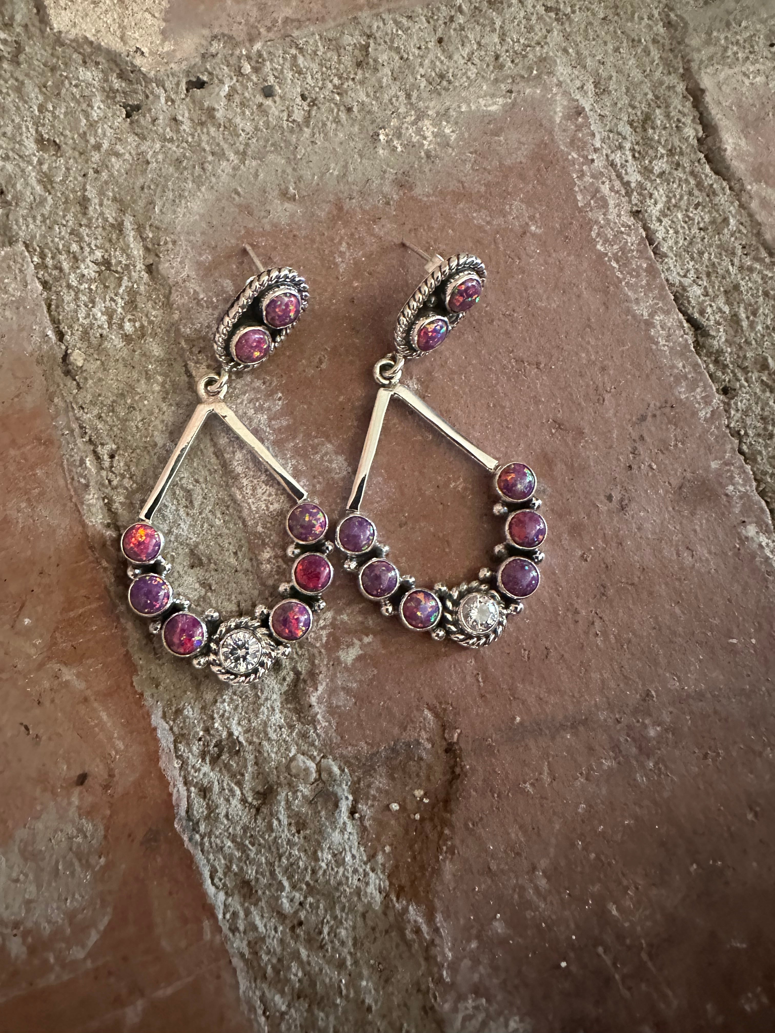 Handmade Dark Pink Fire Opal, CZ and Sterling Silver Handmade Dangles