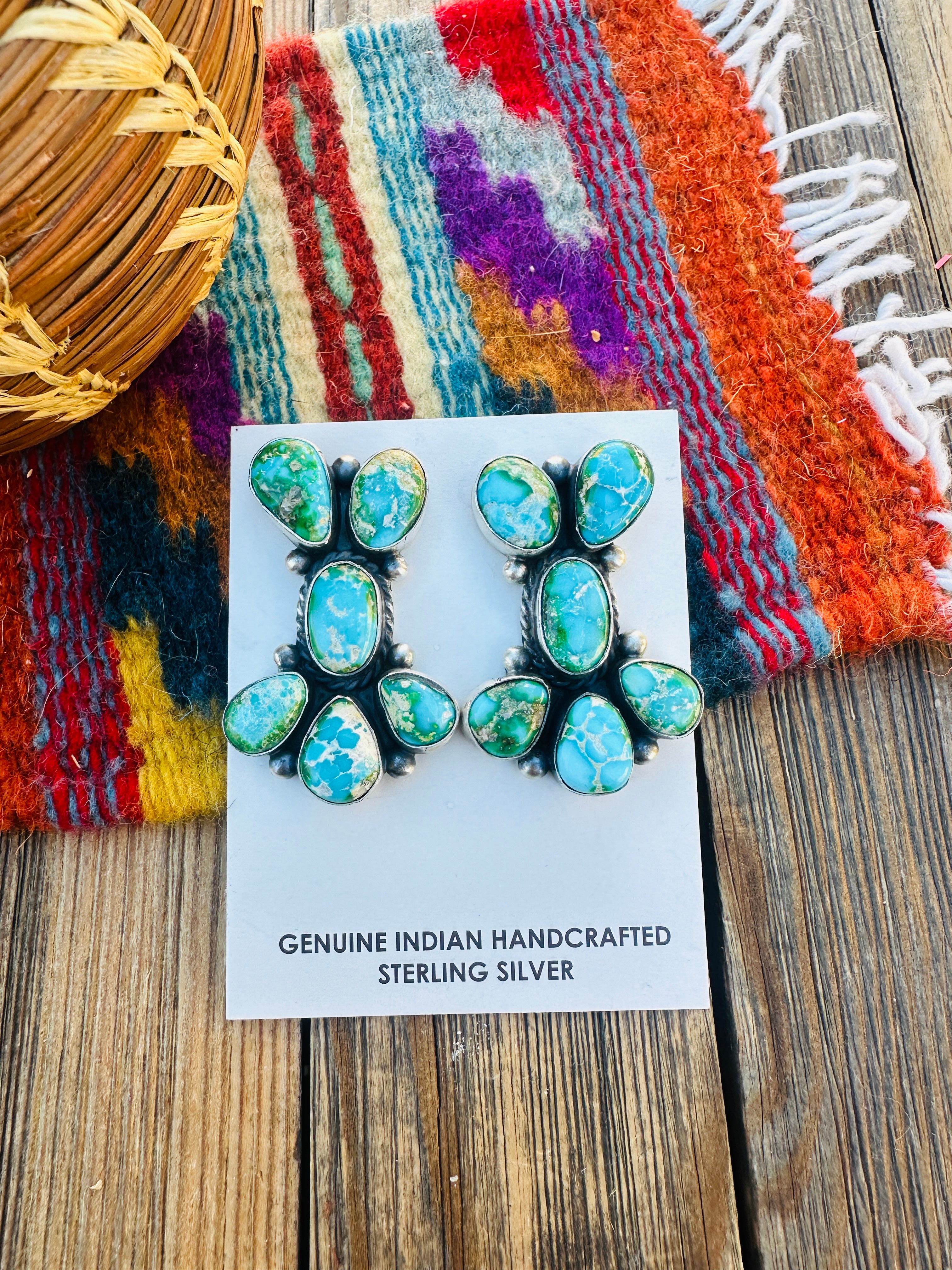 Handcrafted Sonoran Mountain Turquoise & Sterling Silver Cluster Post Earrings by Debra Smith