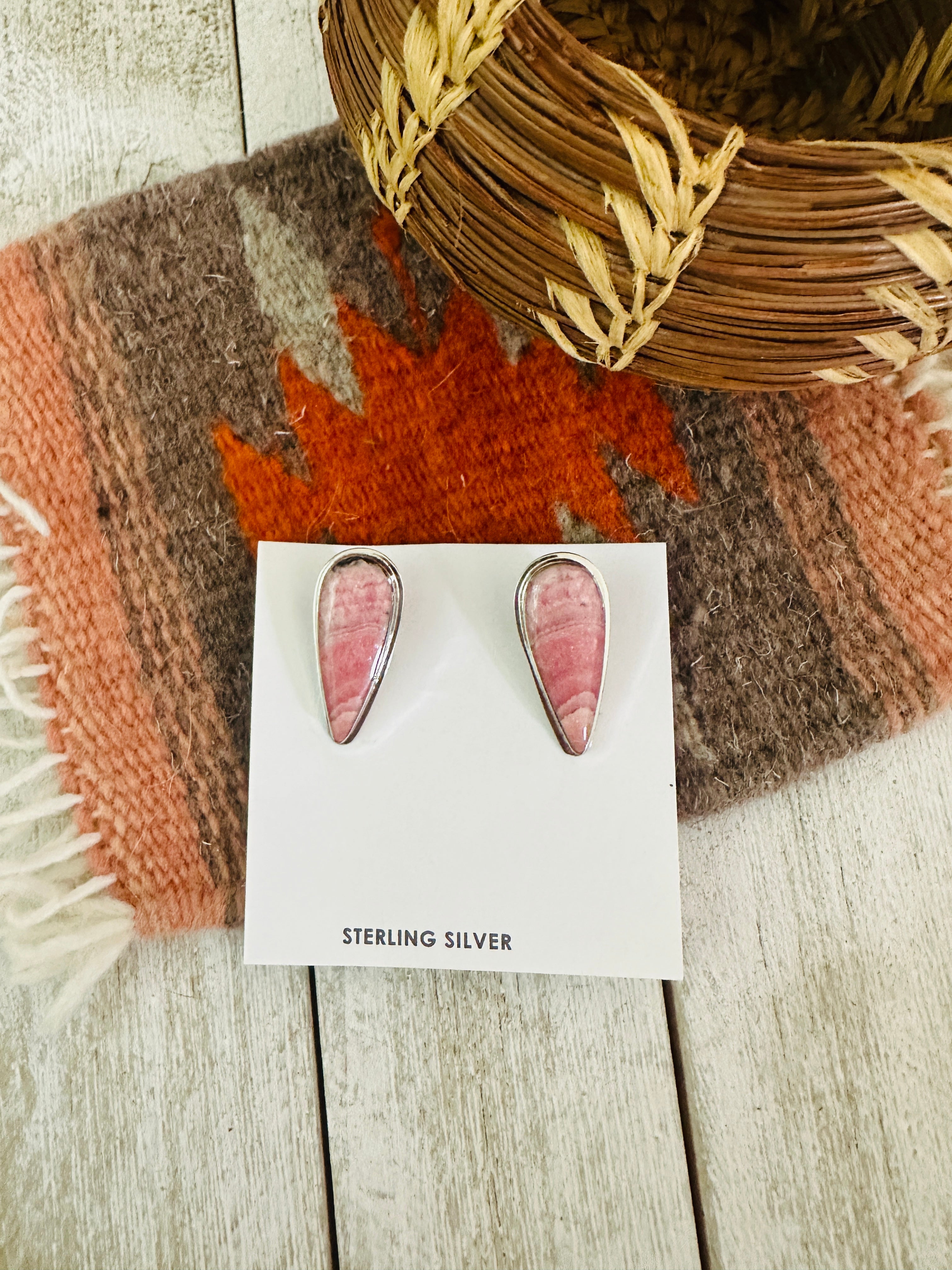 Navajo Rhodochrosite and Sterling Silver Clip On Earrings