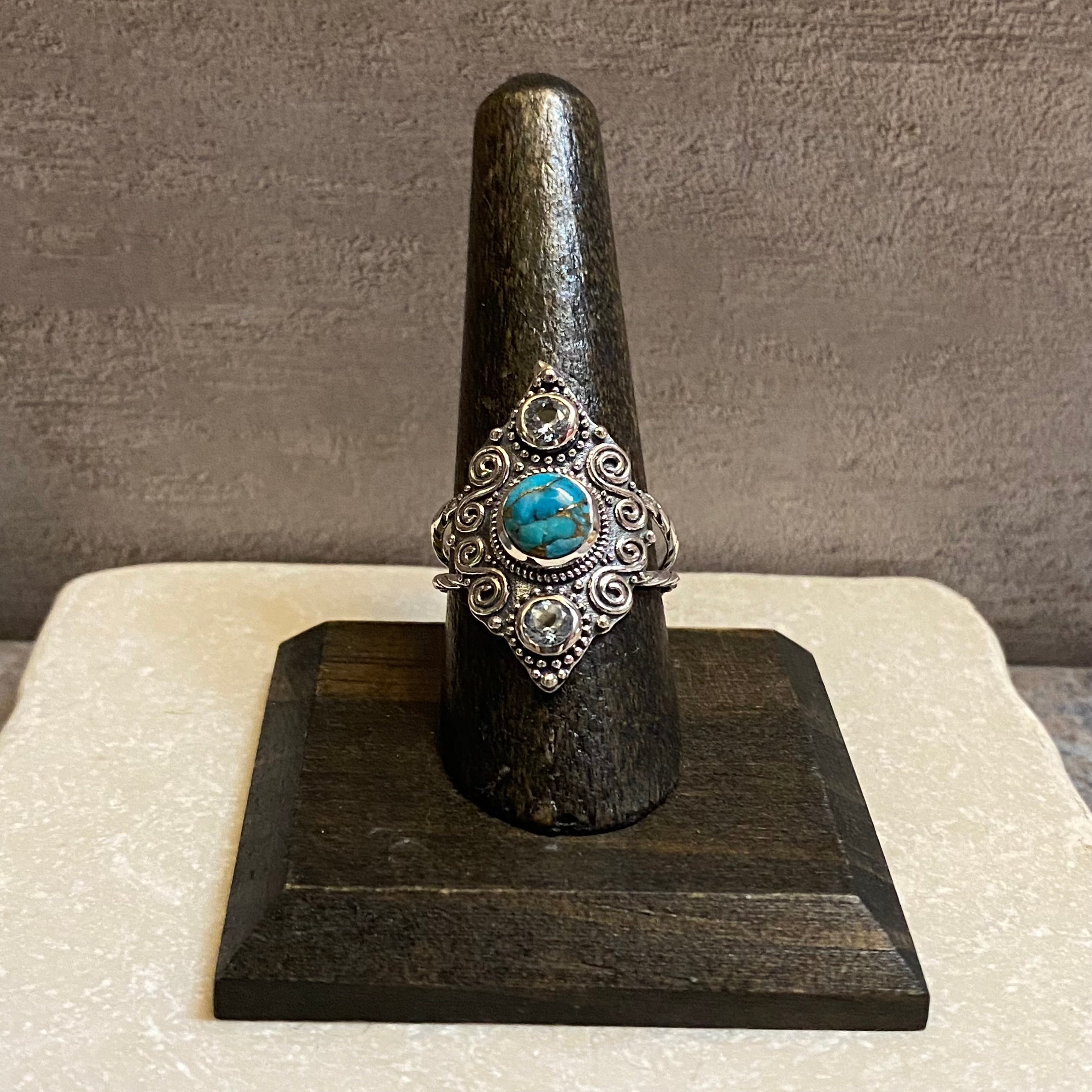 Sterling Silver Etched Copper Turquoise & Blue Topaz Ring Size 8.75