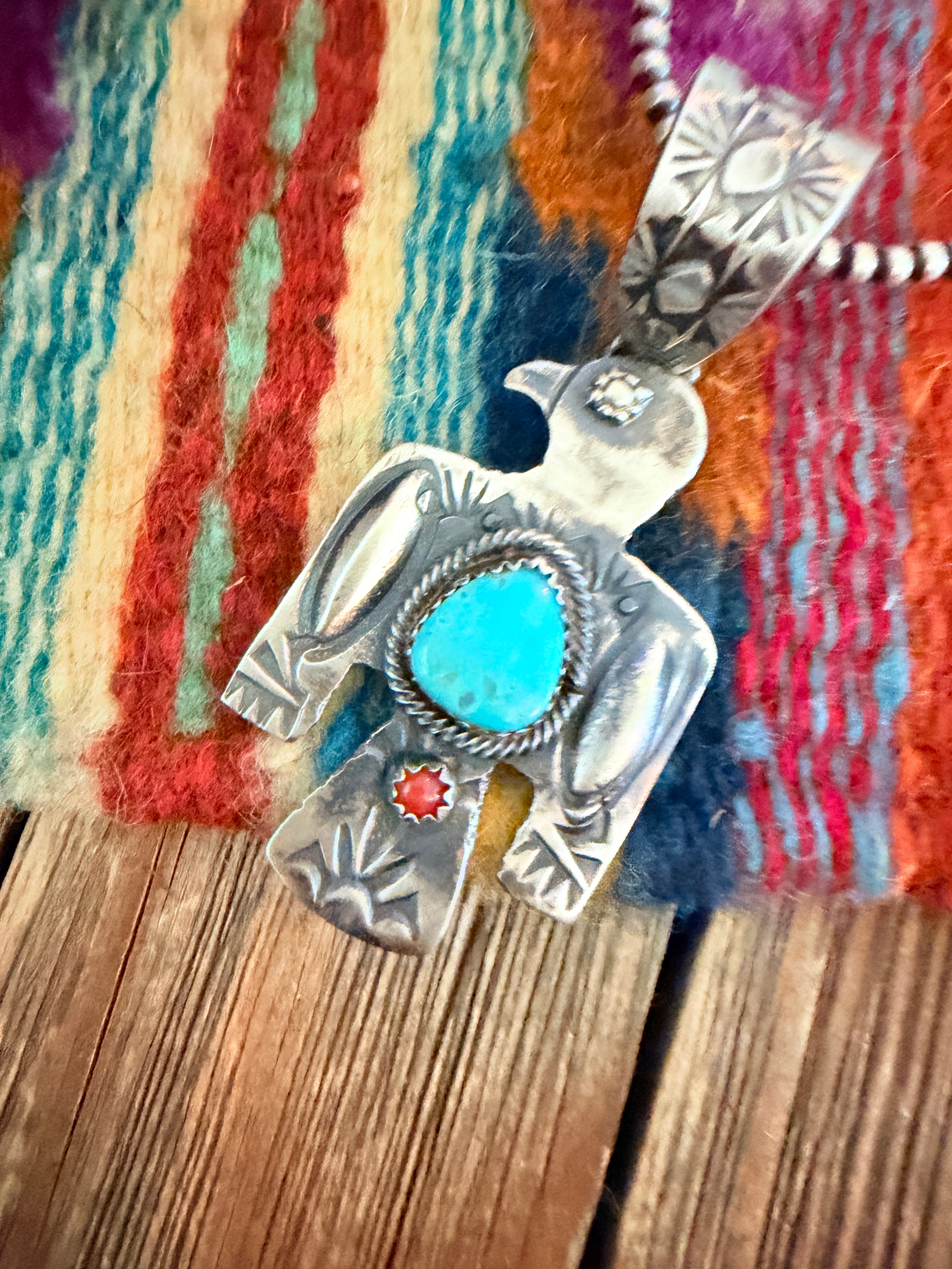 Handcrafted Turquoise, Coral & Sterling Silver Thunderbird Pendant by Richard Yazzie