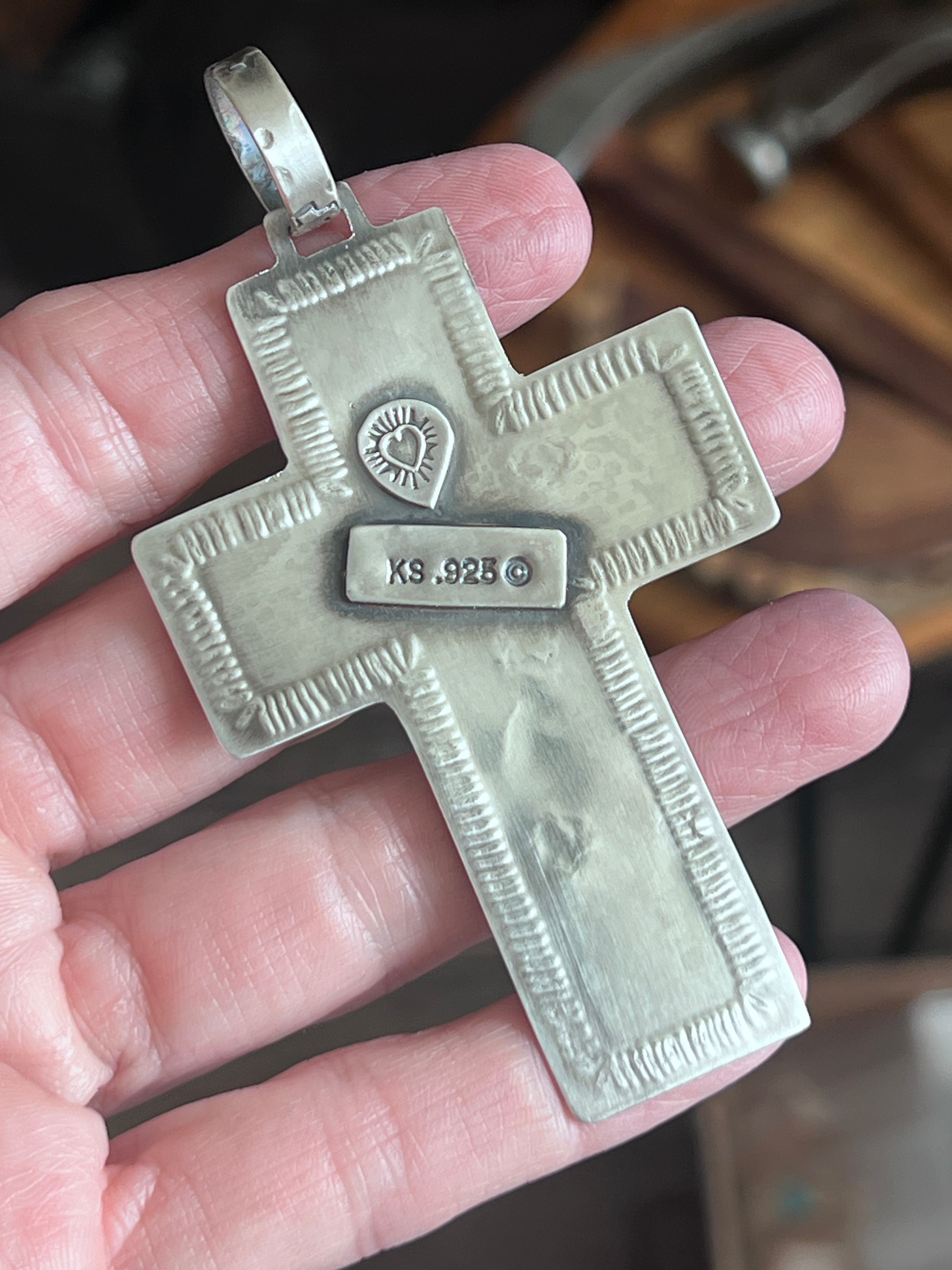 Hand Stamped Sterling Silver & Turquoise Cross Pendant w/ Brass Accents by Kimari Somers