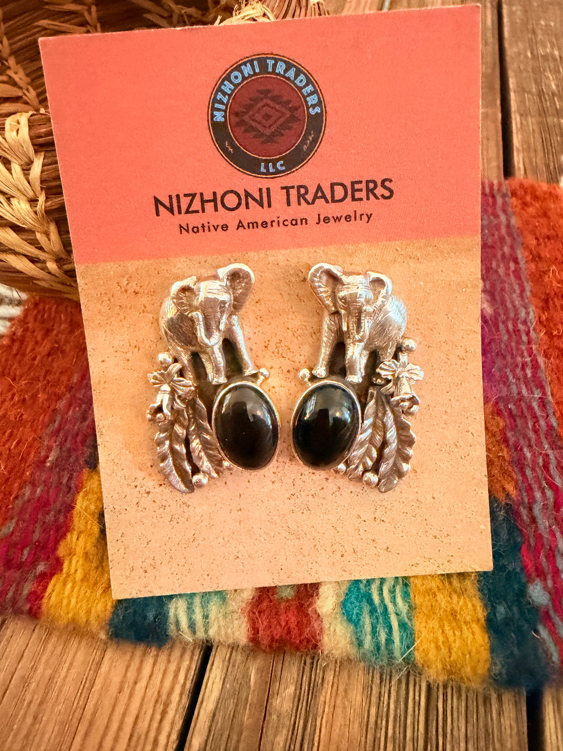 Old Pawn Vintage Handcrafted Onyx & Sterling Silver Elephant Earrings