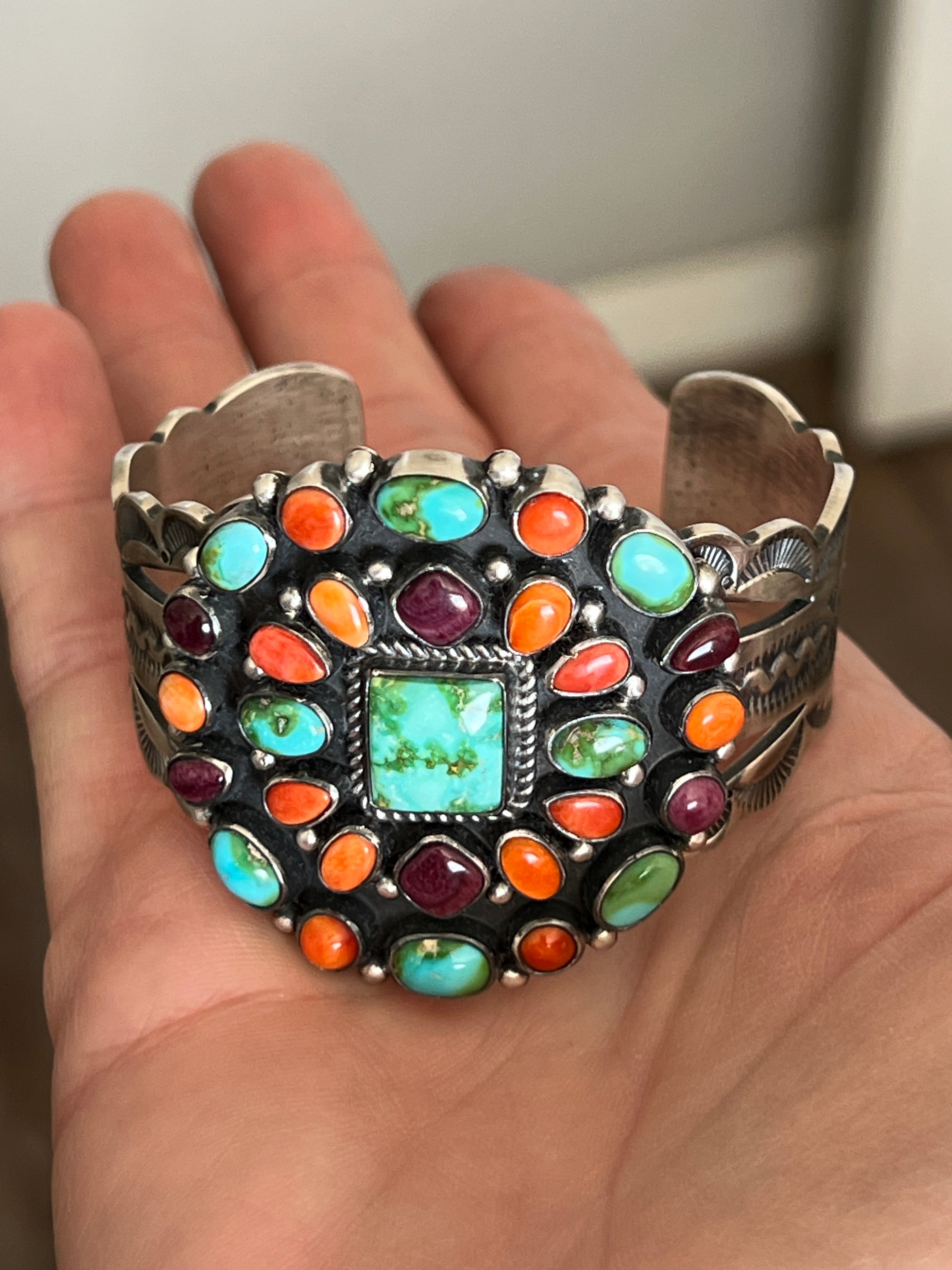 Handcrafted Sterling Silver Electric Rainbow Sonoran Turquoise and Spiny Oyster Cluster Cuff Bracelet by Murphy Platero