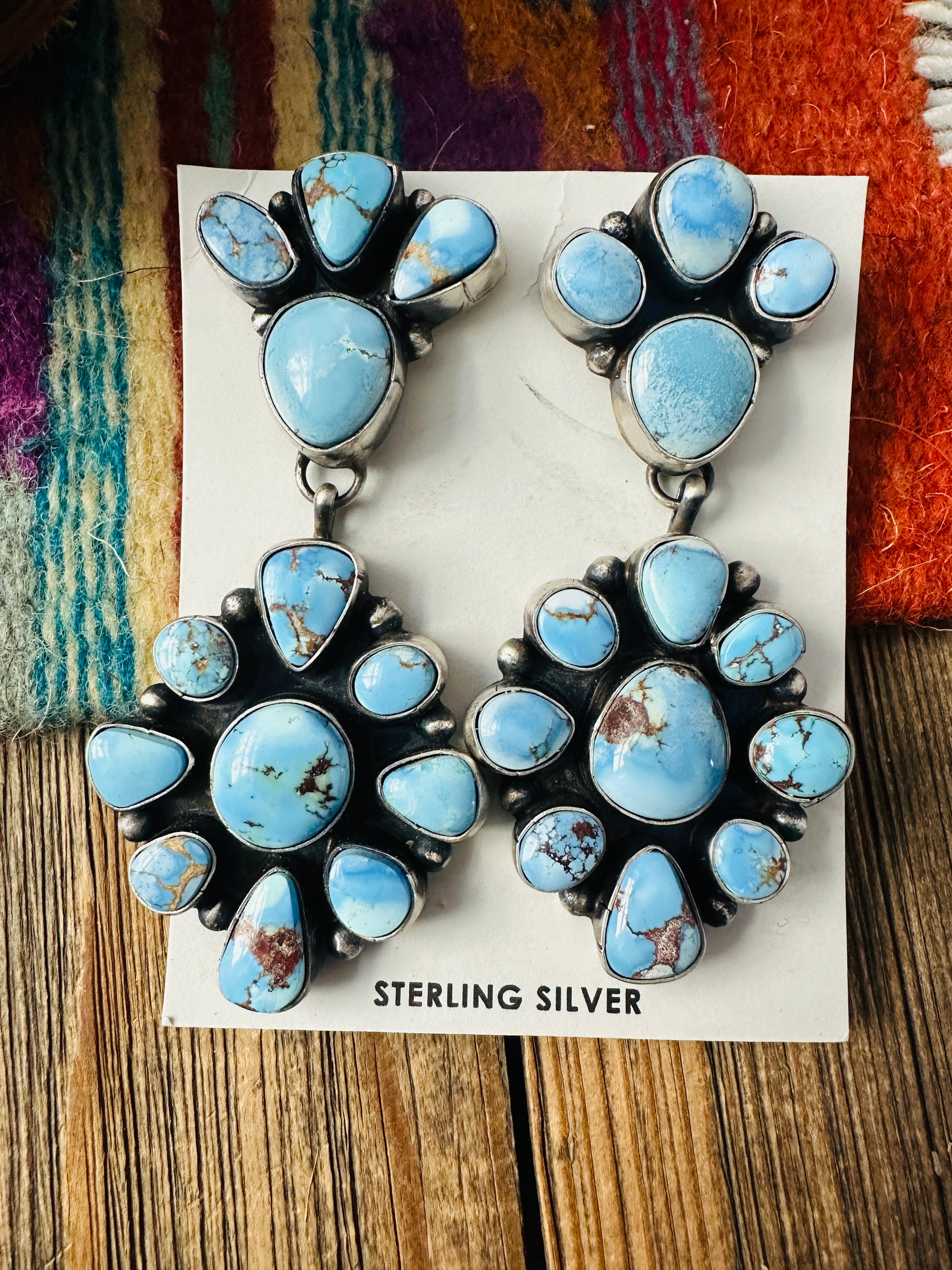 Handcrafted Golden Hills Turquoise & Sterling Silver Cluster Dangle Earrings