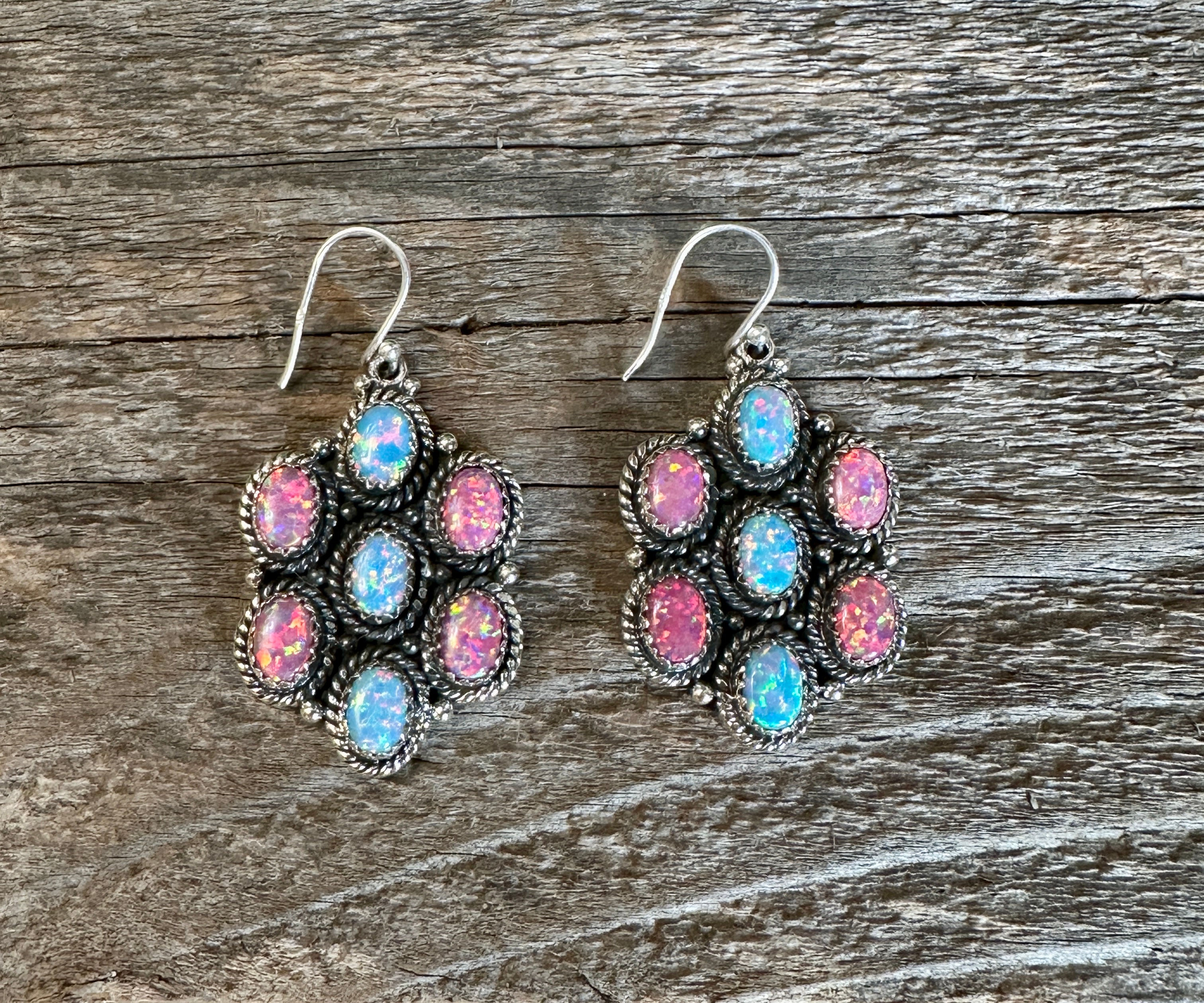 Handmade Pink and Blue Opal Sterling Silver Wire Dangle Earrings