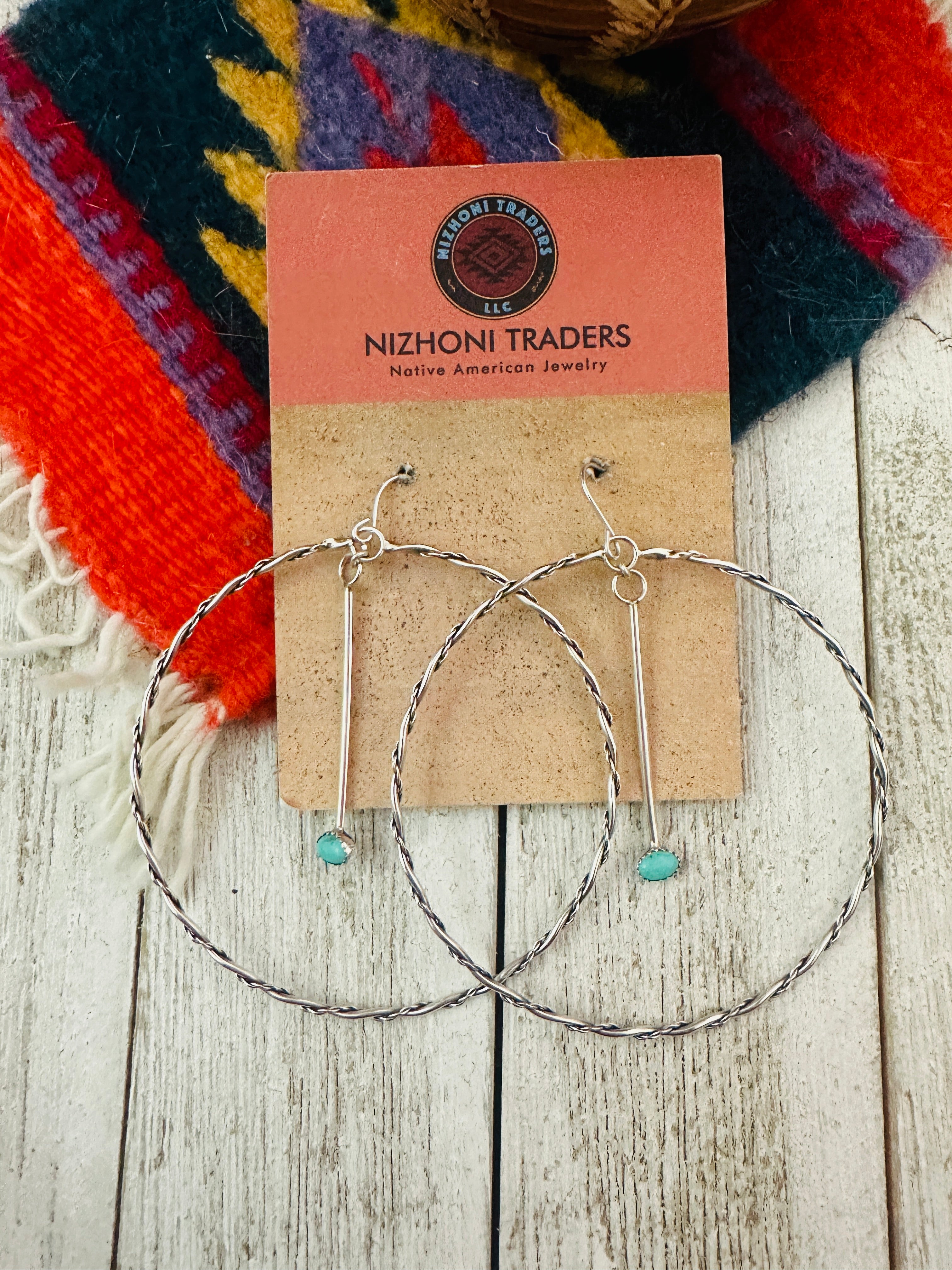 Navajo Turquoise & Sterling Silver Dangle Hoop Earrings