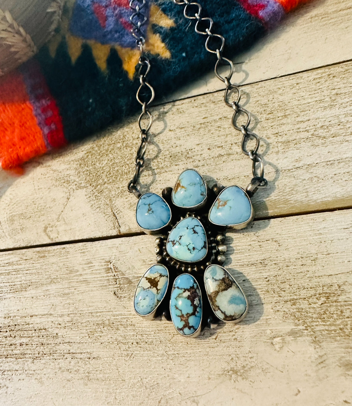 Navajo Sterling Silver & Golden Hills Turquoise Cluster Necklace