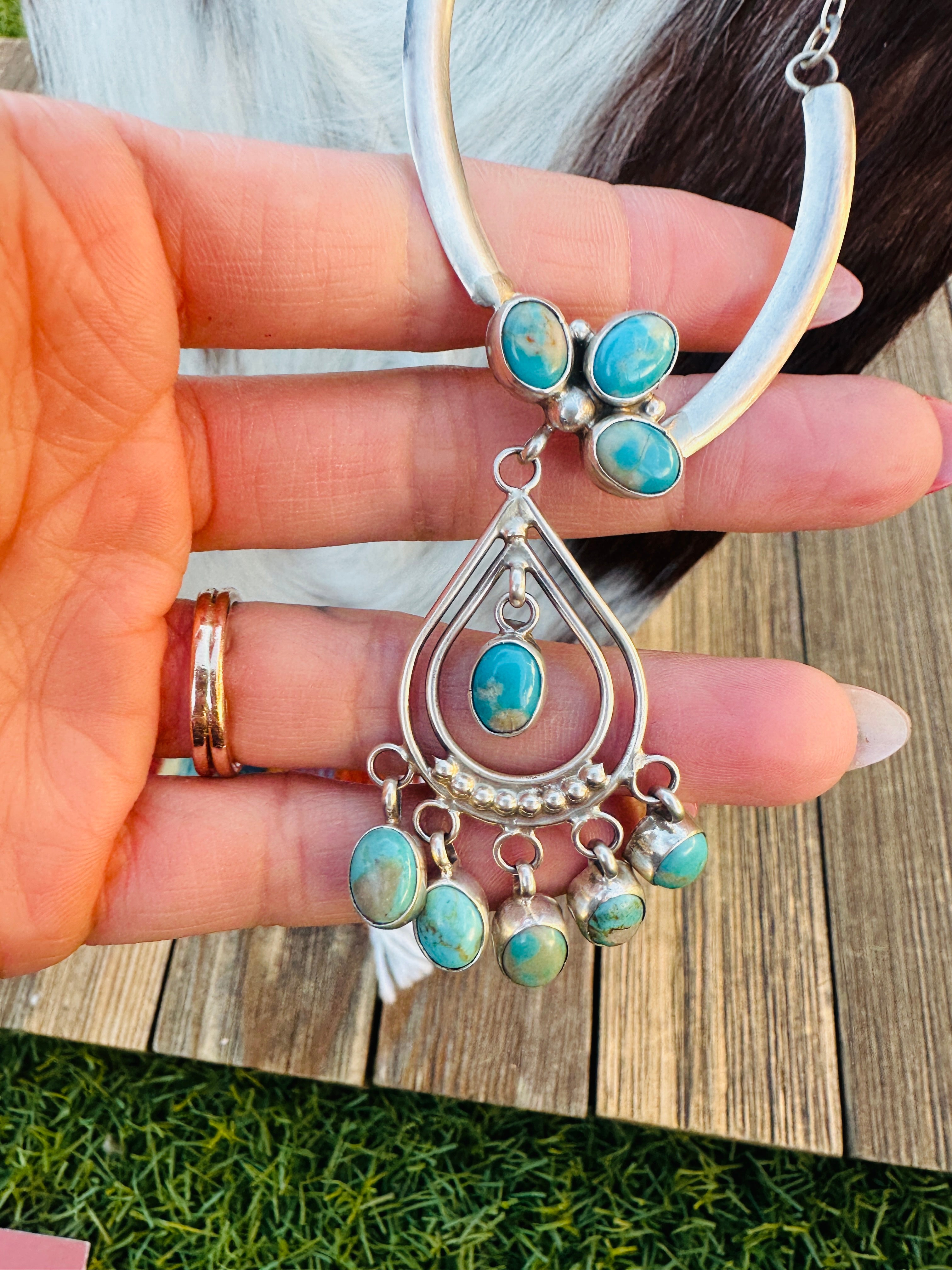 Handcrafted Turquoise & Sterling Silver Chandelier Necklace by Pearlene Spencer