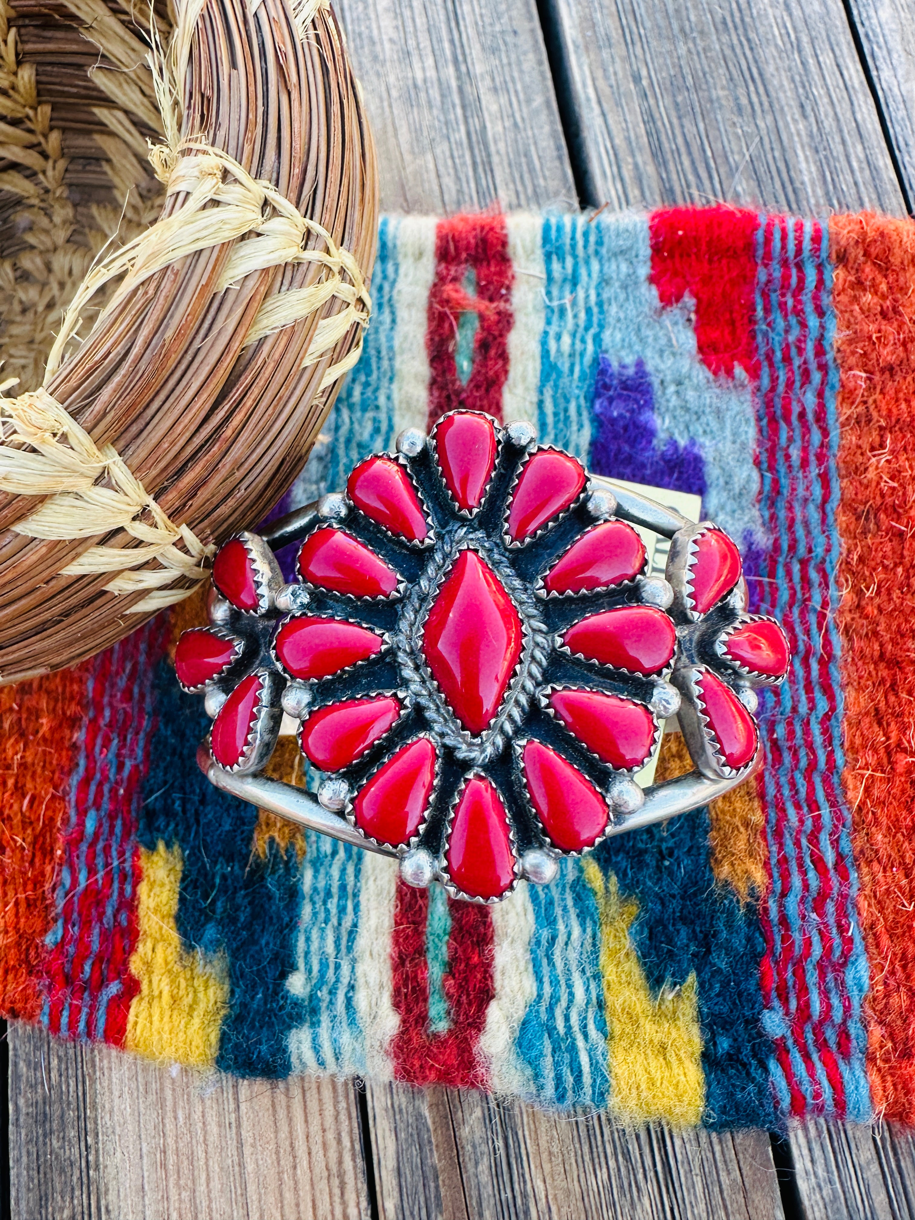 Handcrafted Old Pawn Coral & Sterling Silver Cluster Cuff Bracelet