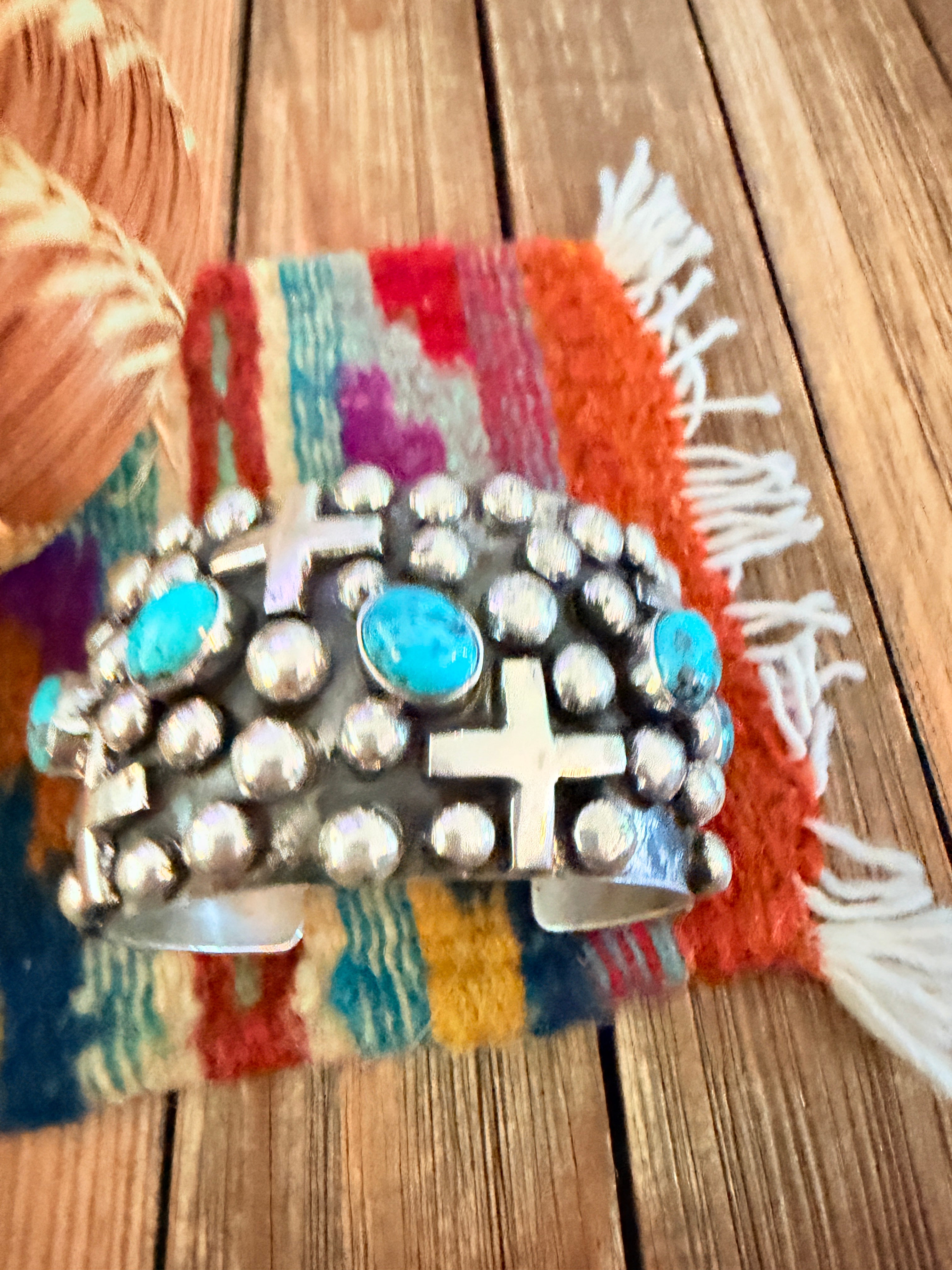 Handcrafted Turquoise & Sterling Silver Cross Cuff Bracelet By Chimney Butte