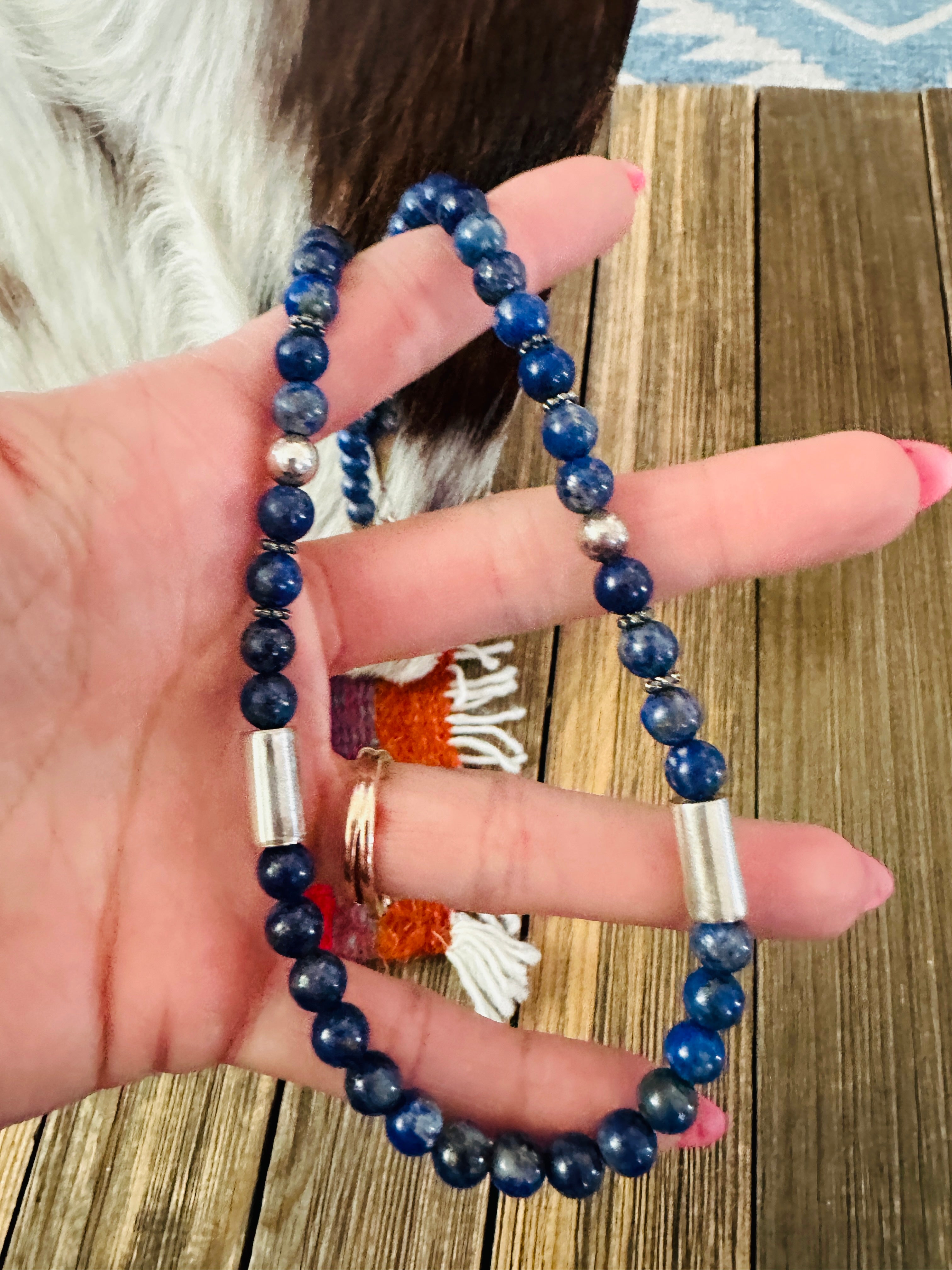 Handcrafted Lapis & Sterling Silver Beaded 18” Necklace by T & R Singer