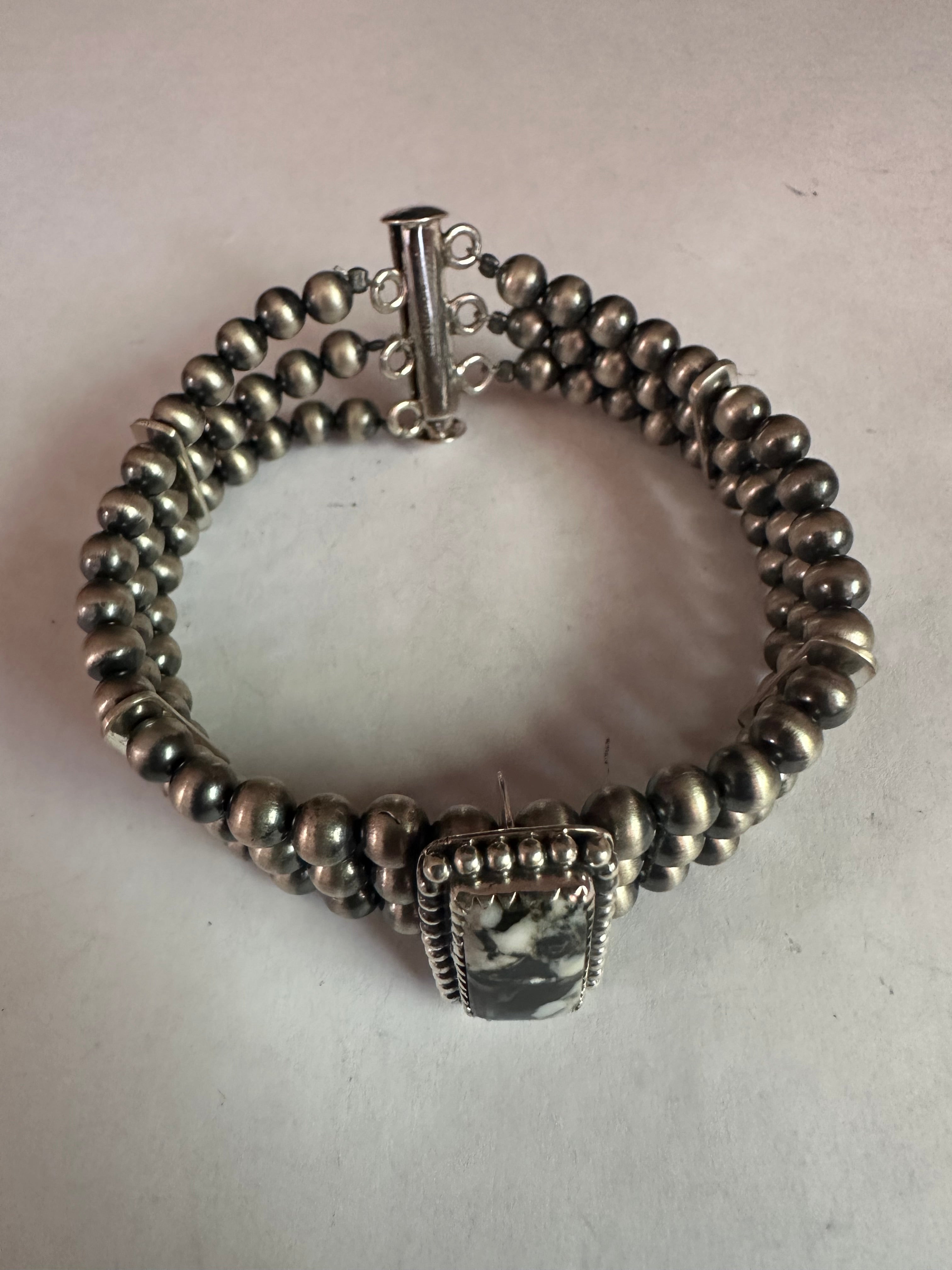 Handmade Sterling Silver & White Buffalo Beaded Handcrafted Pearl Style Bracelet