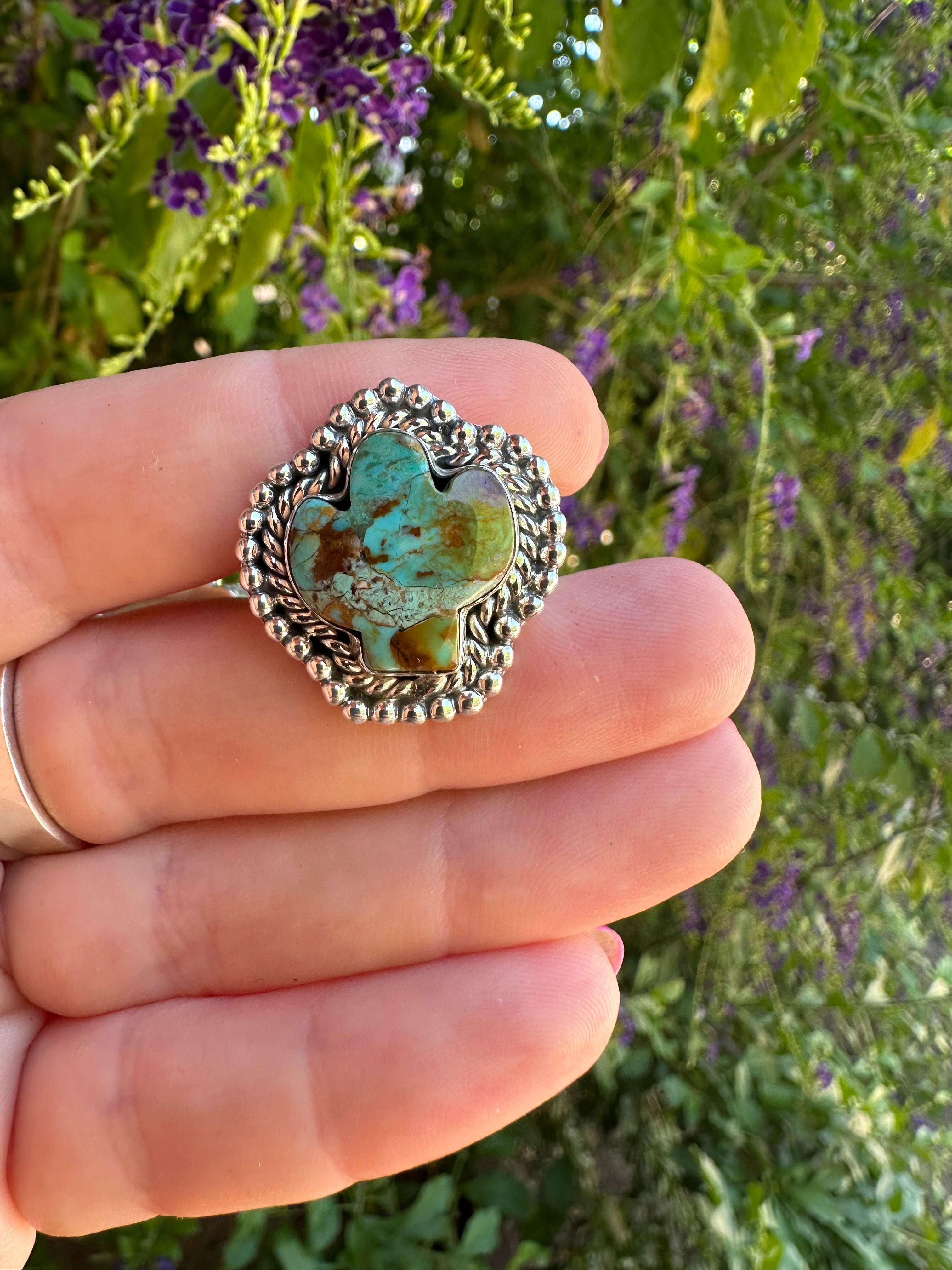 Beautiful Handmade Turquoise And Sterling Silver Adjustable Cactus Ring