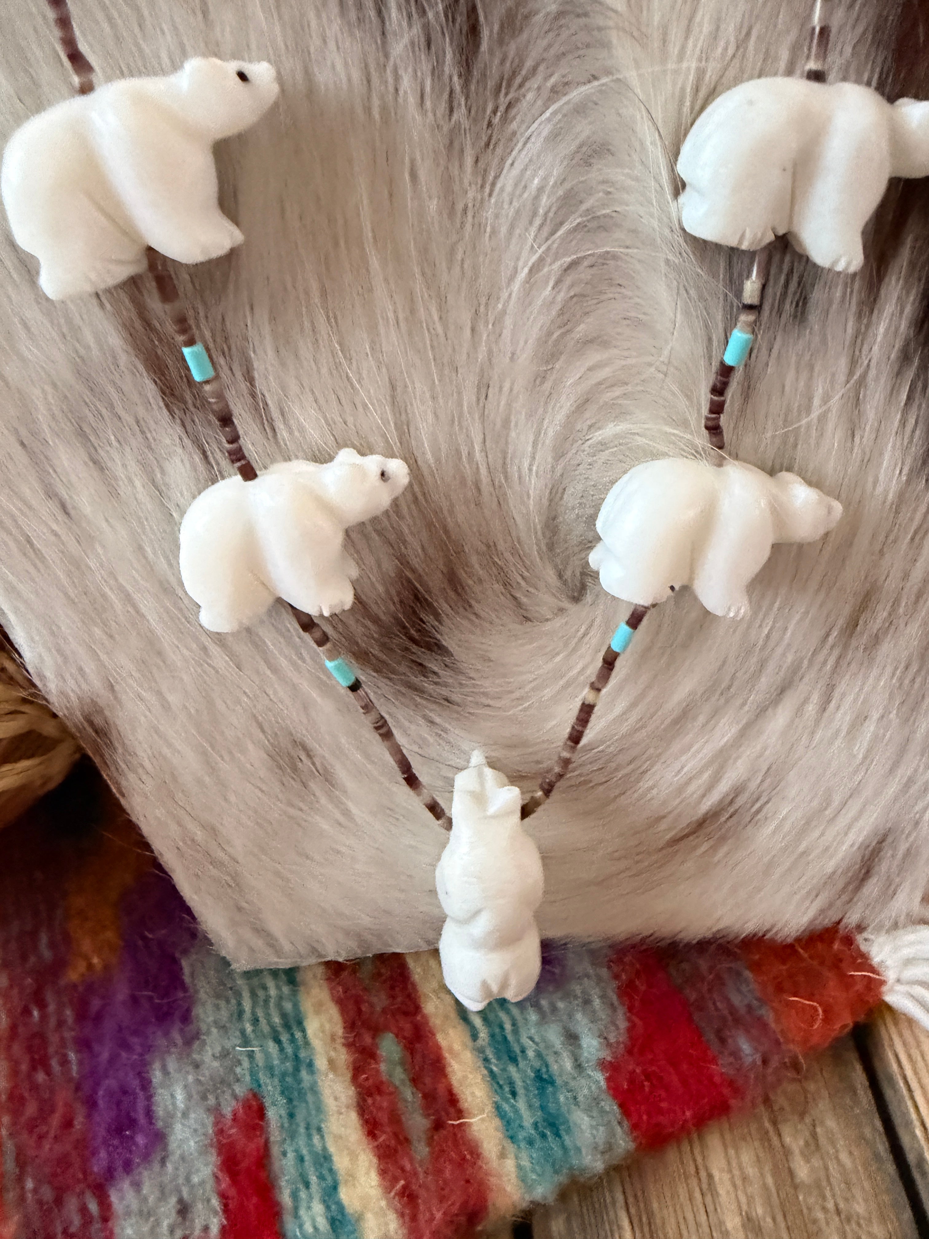 Handcrafted Sterling Silver & Beaded Fetish Bear Necklace 28" by Larry Cisco