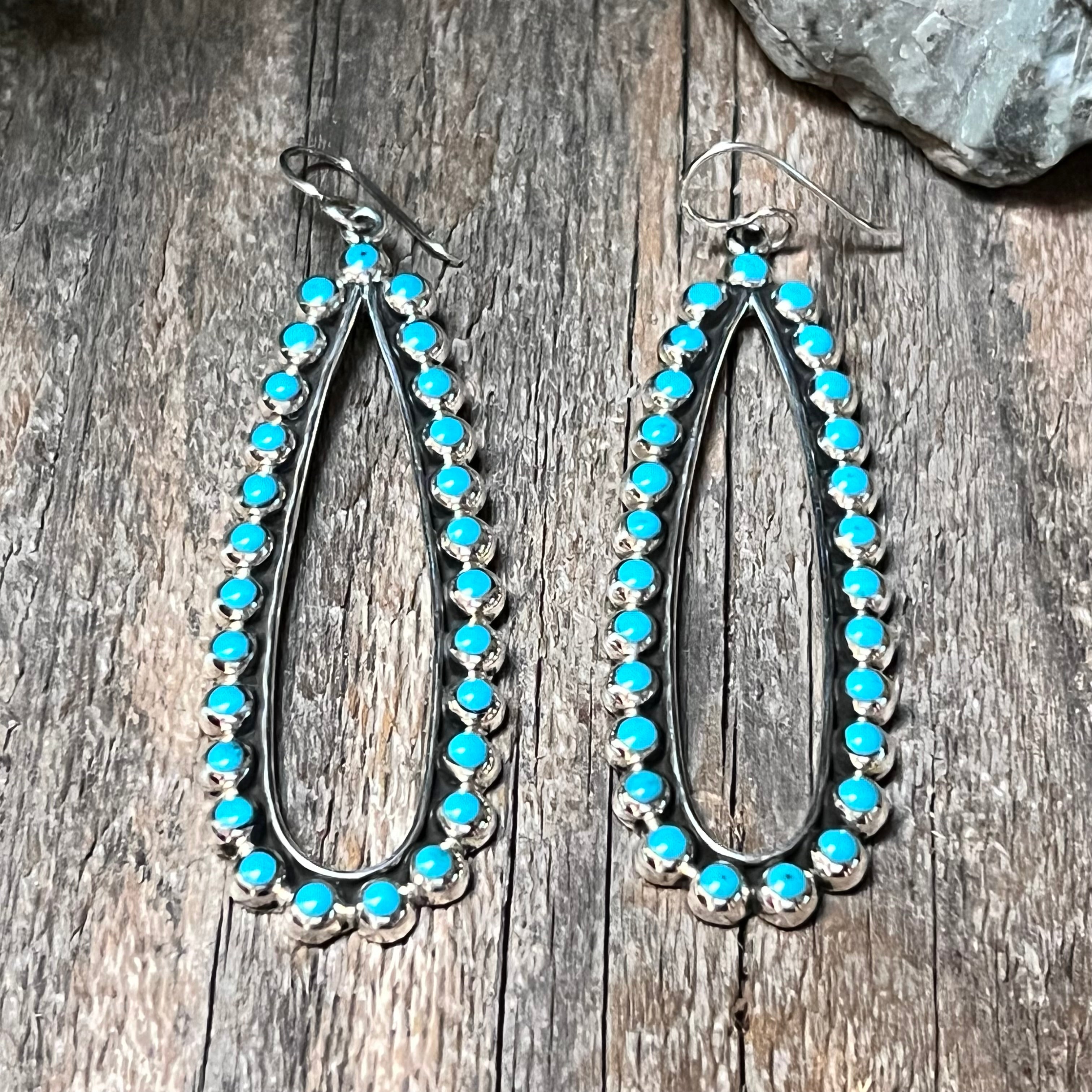 Handmade Sterling Silver & Turquoise Tear Drop Hoop Wire Earrings