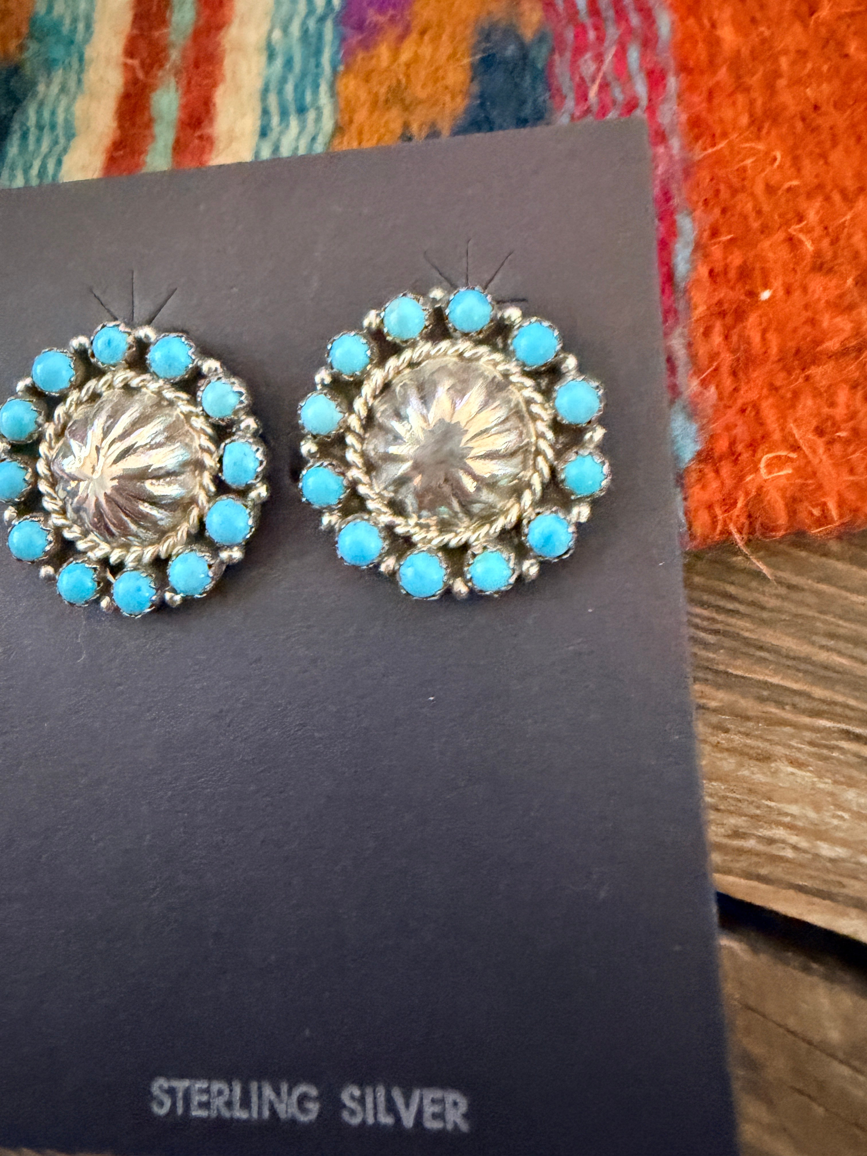 Handcrafted Old Pawn Sterling Silver & Turquoise Cluster Post Earrings