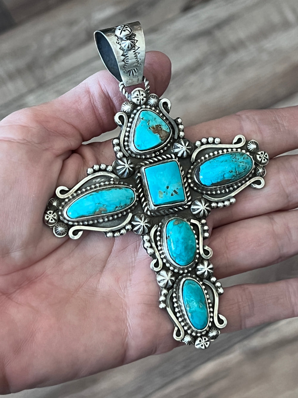 Sterling Silver and Royston Turquoise Cross Pendant by Rosella Paxson