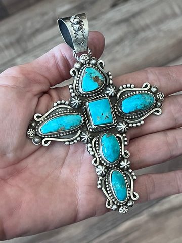 Sterling Silver and Royston Turquoise Cross Pendant by Rosella Paxson