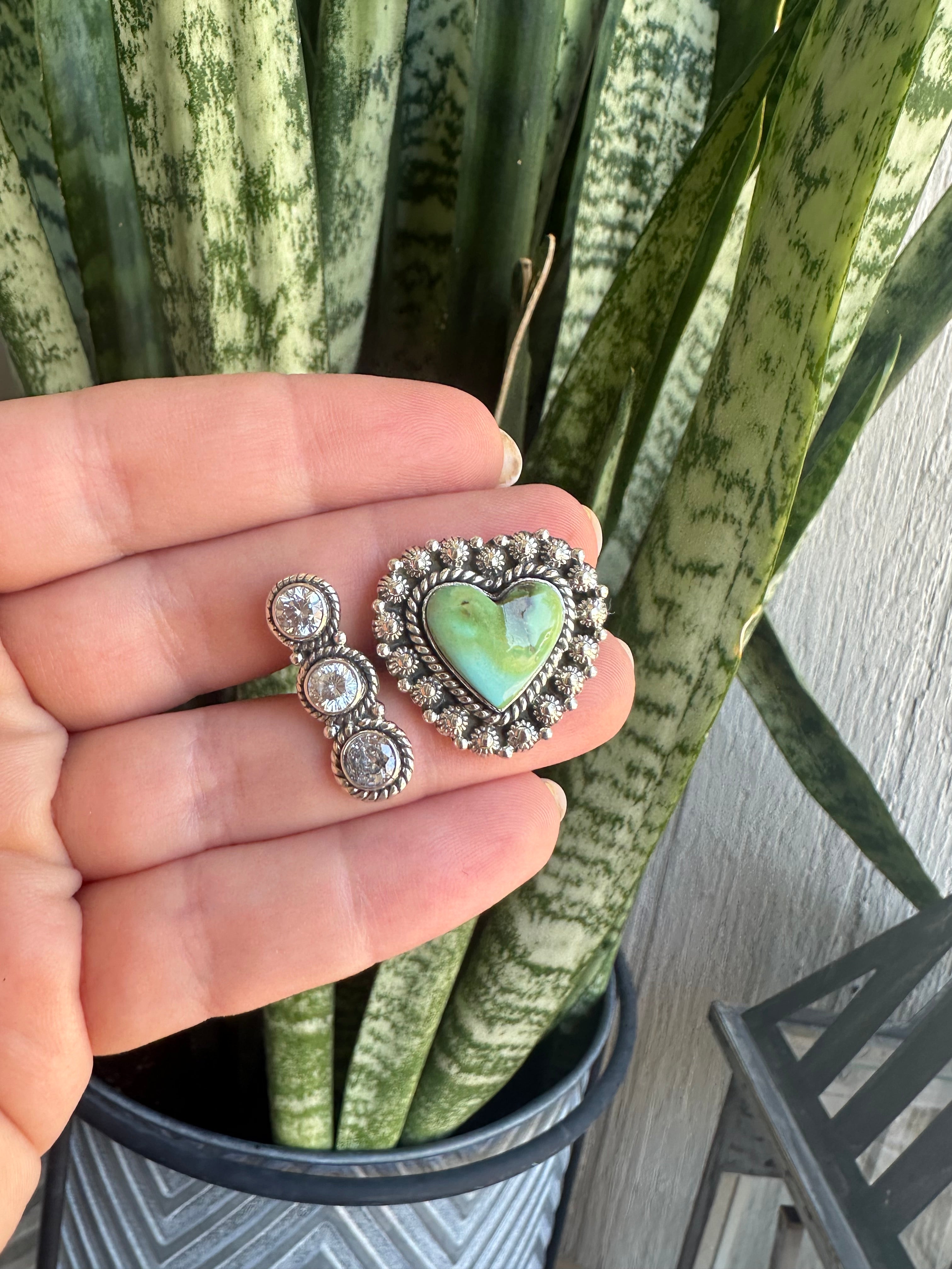 Beautiful Handmade Sonoran Mountain Turquoise, CZ And Sterling Silver Adjustable Heart Ring