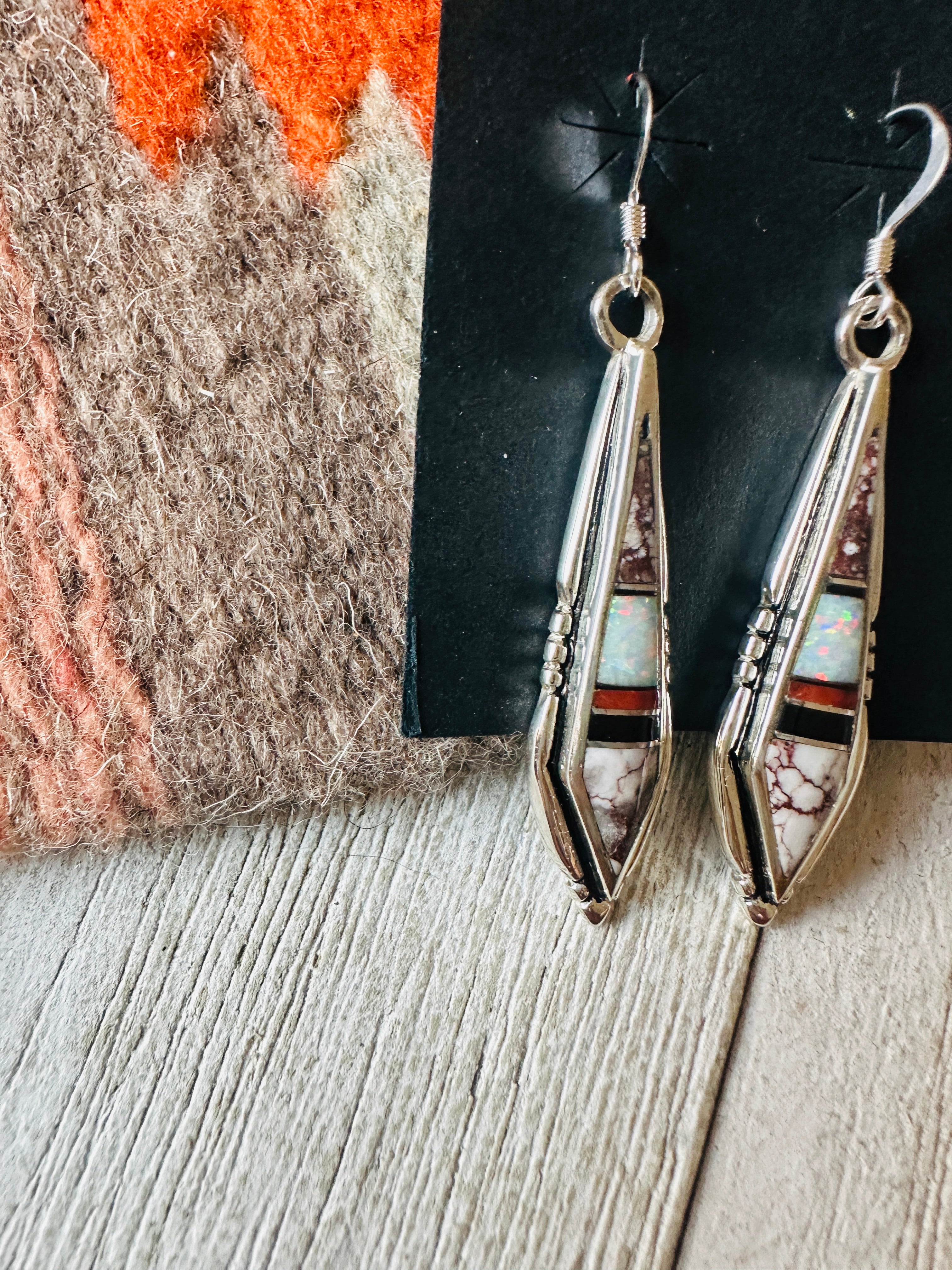 Navajo Sterling Silver & Multi Stone Inlay Dangle Earrings