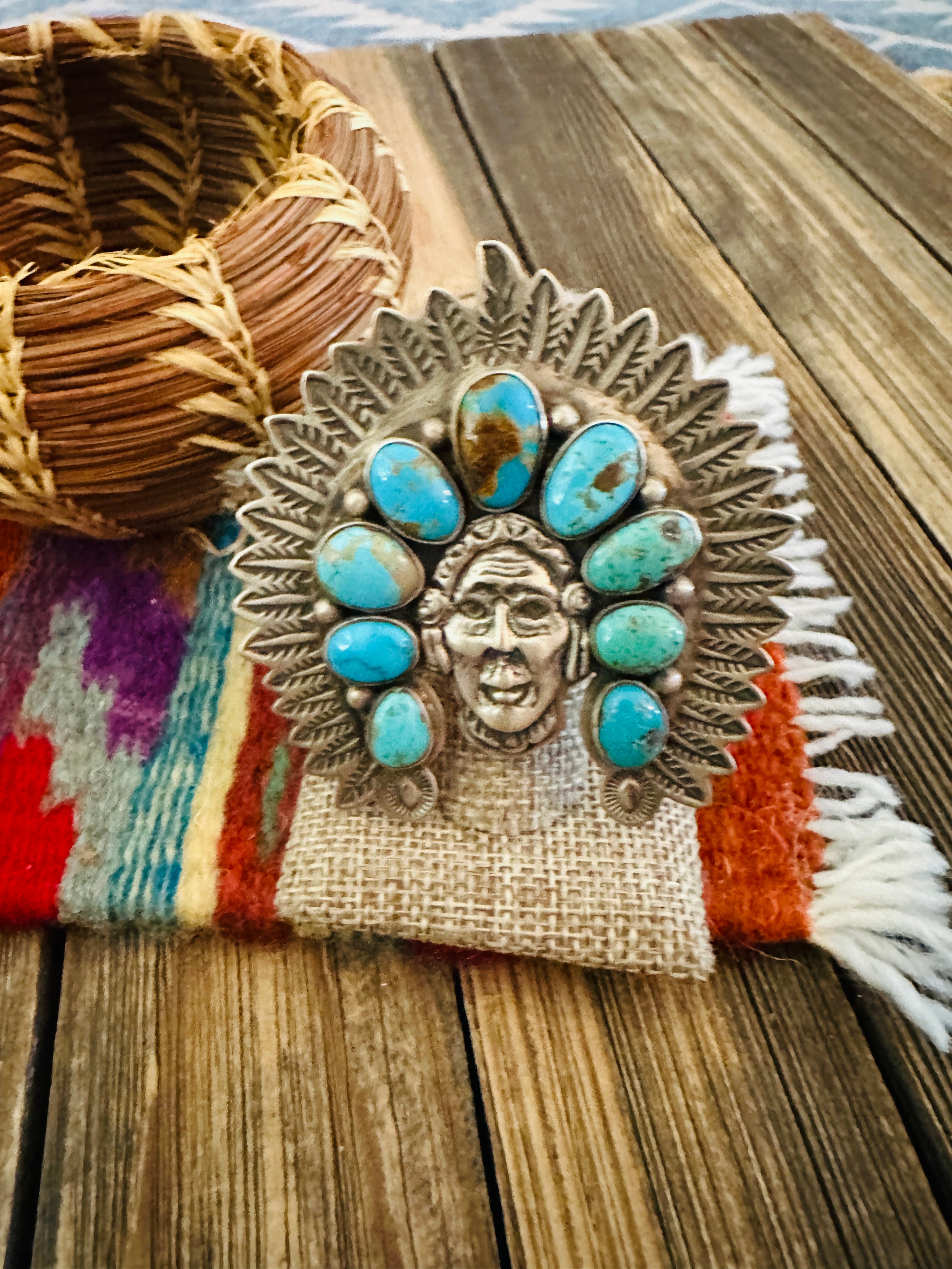 Handcrafted Turquoise & Sterling Silver Adjustable Indian Chief Ring by Charles Johnson