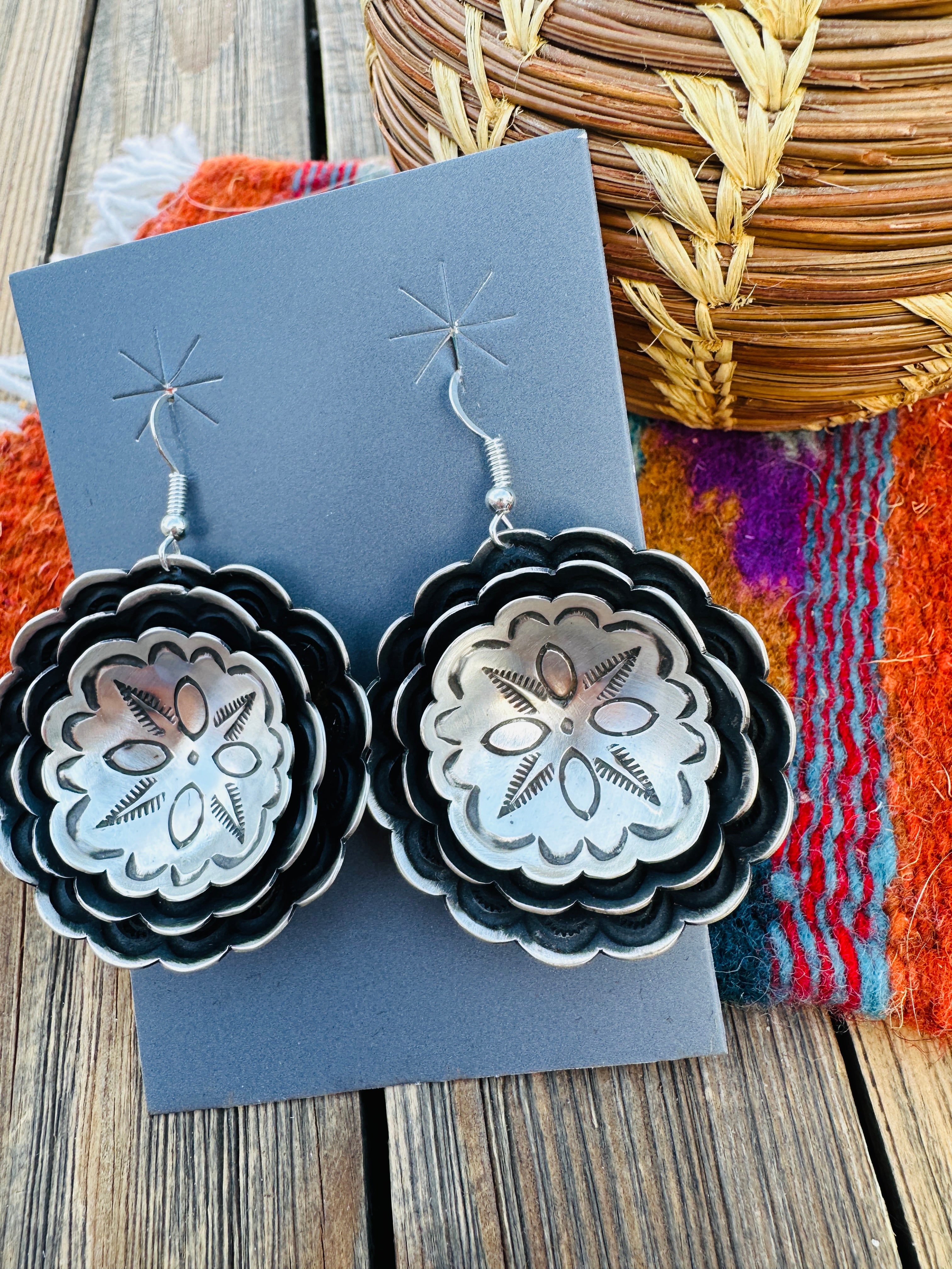 Handcrafted Sterling Silver Concho Dangle Earrings by Leander Tahe