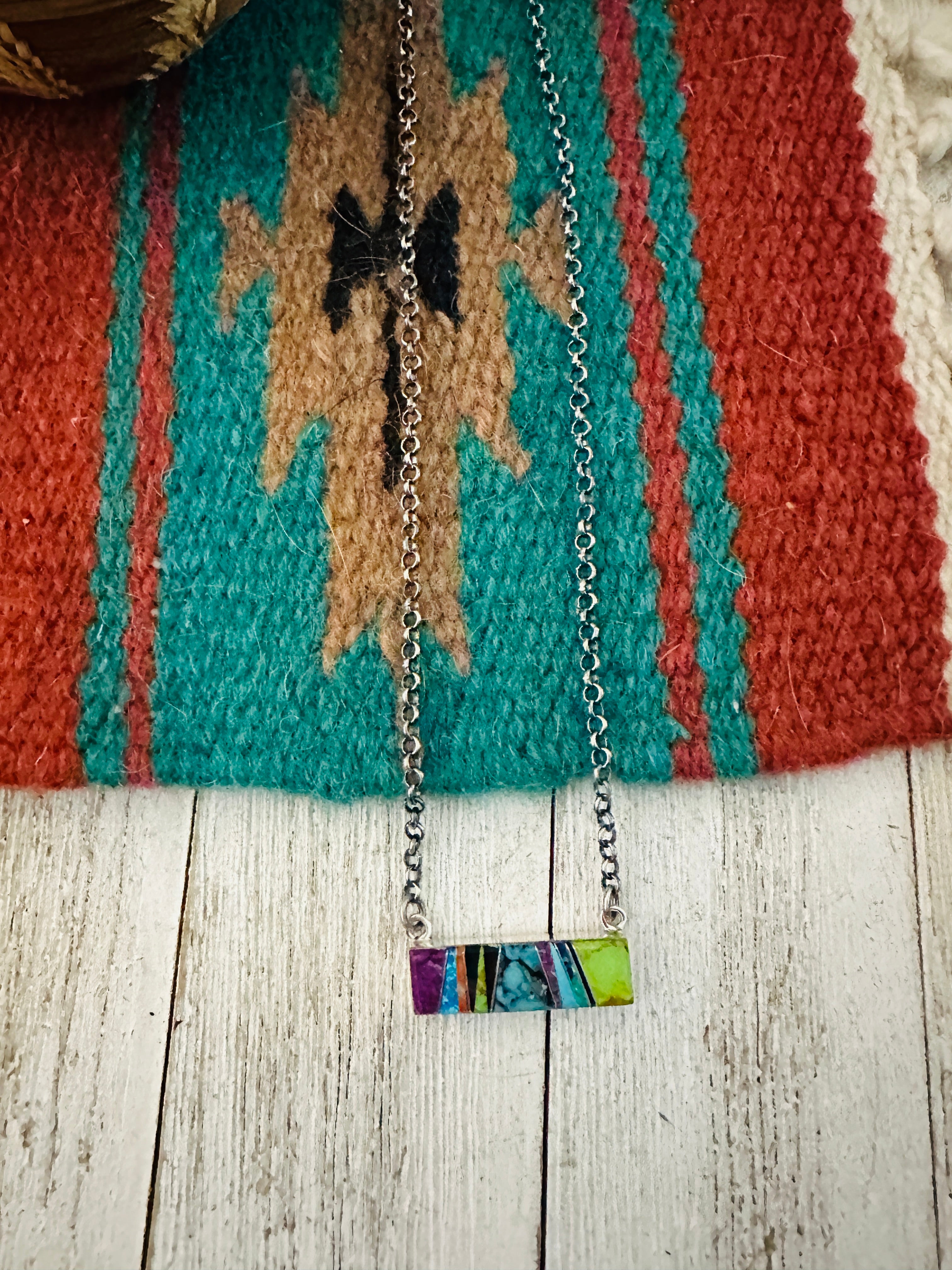 Navajo Multi Stone & Sterling Silver Inlay Bar Necklace