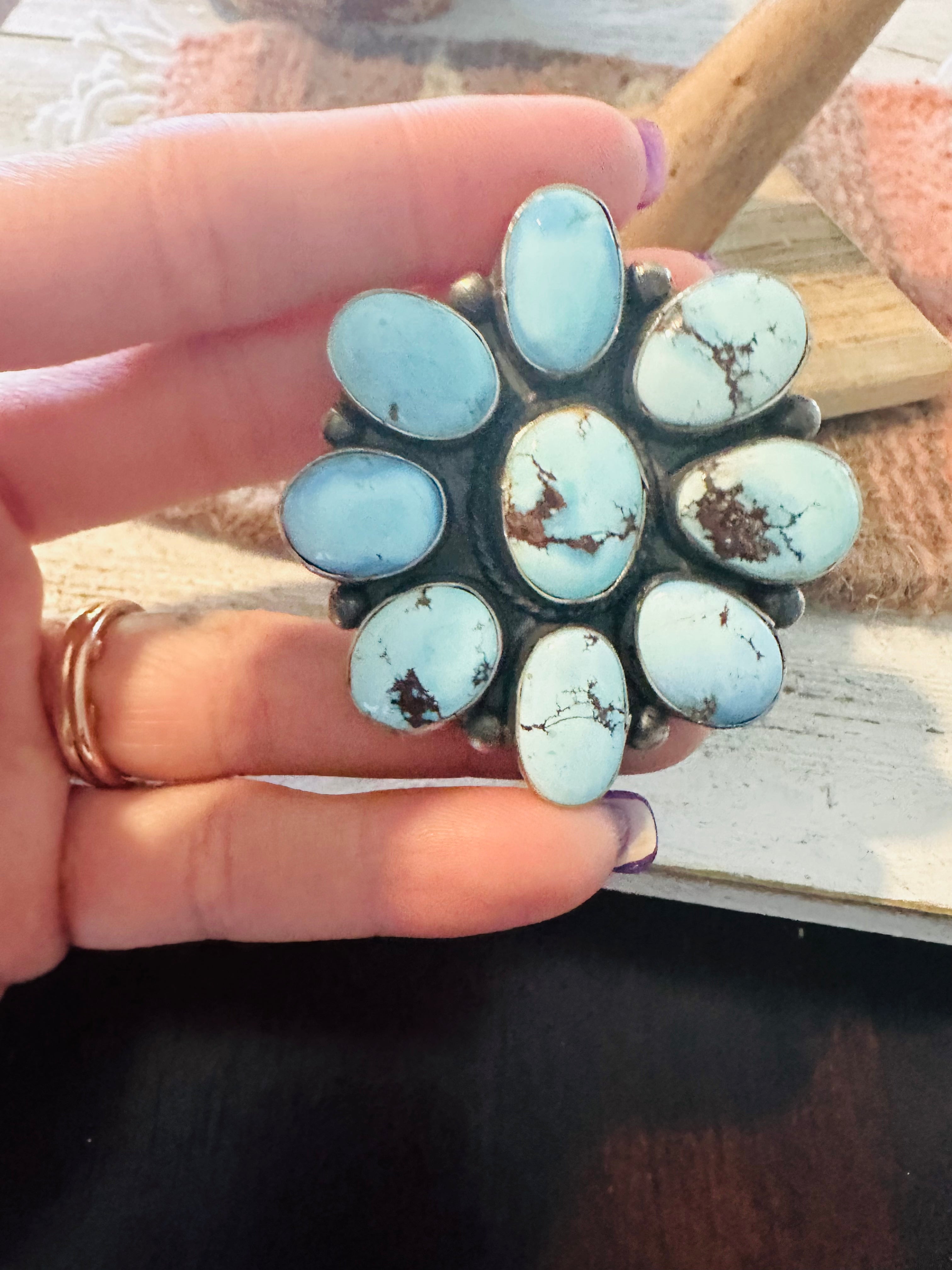 Navajo Golden Hills Turquoise & Sterling Silver Cluster Ring Size 9