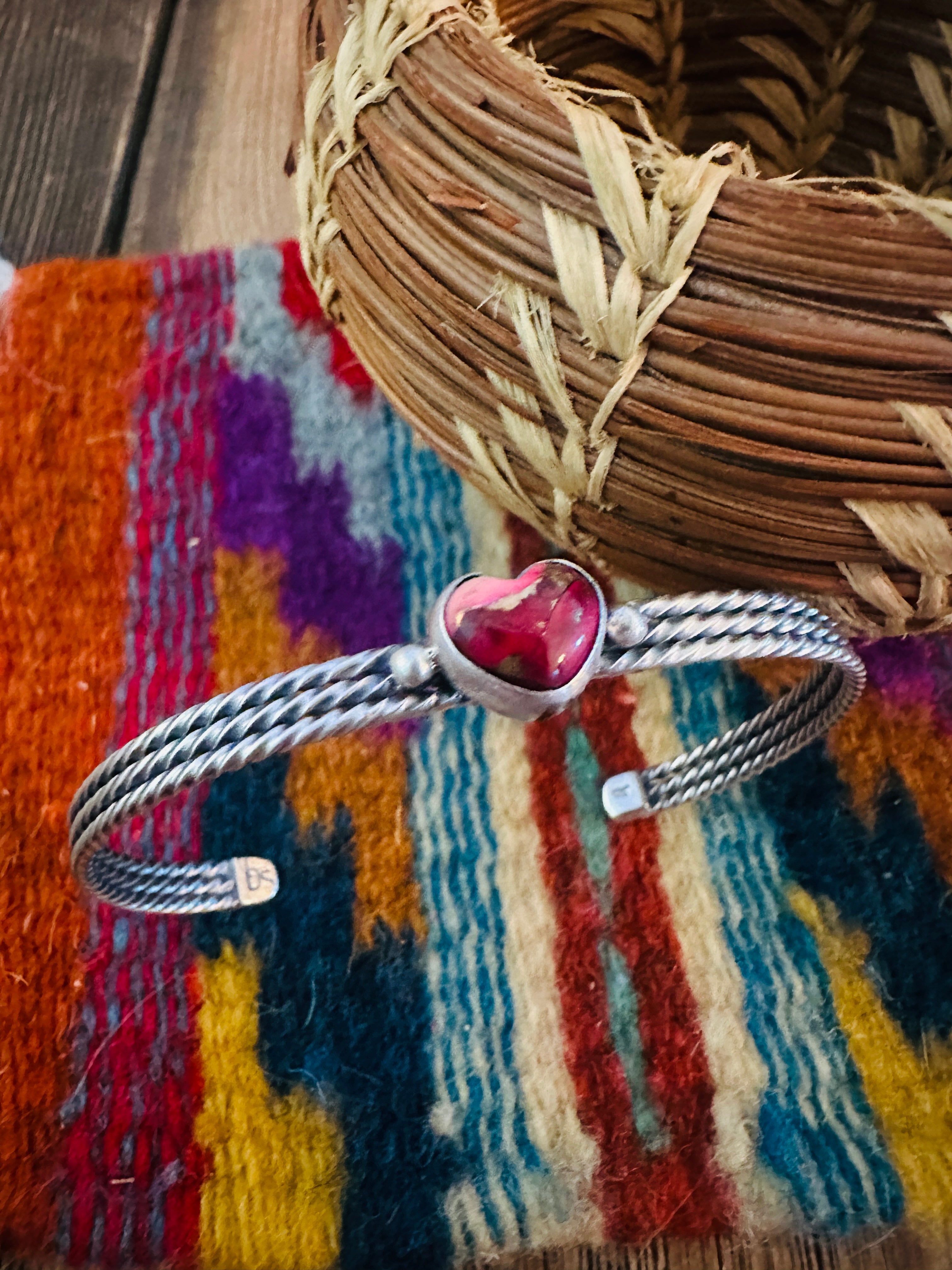 Handcrafted Rose Dahlia & Sterling Silver Heart Cuff Bracelet