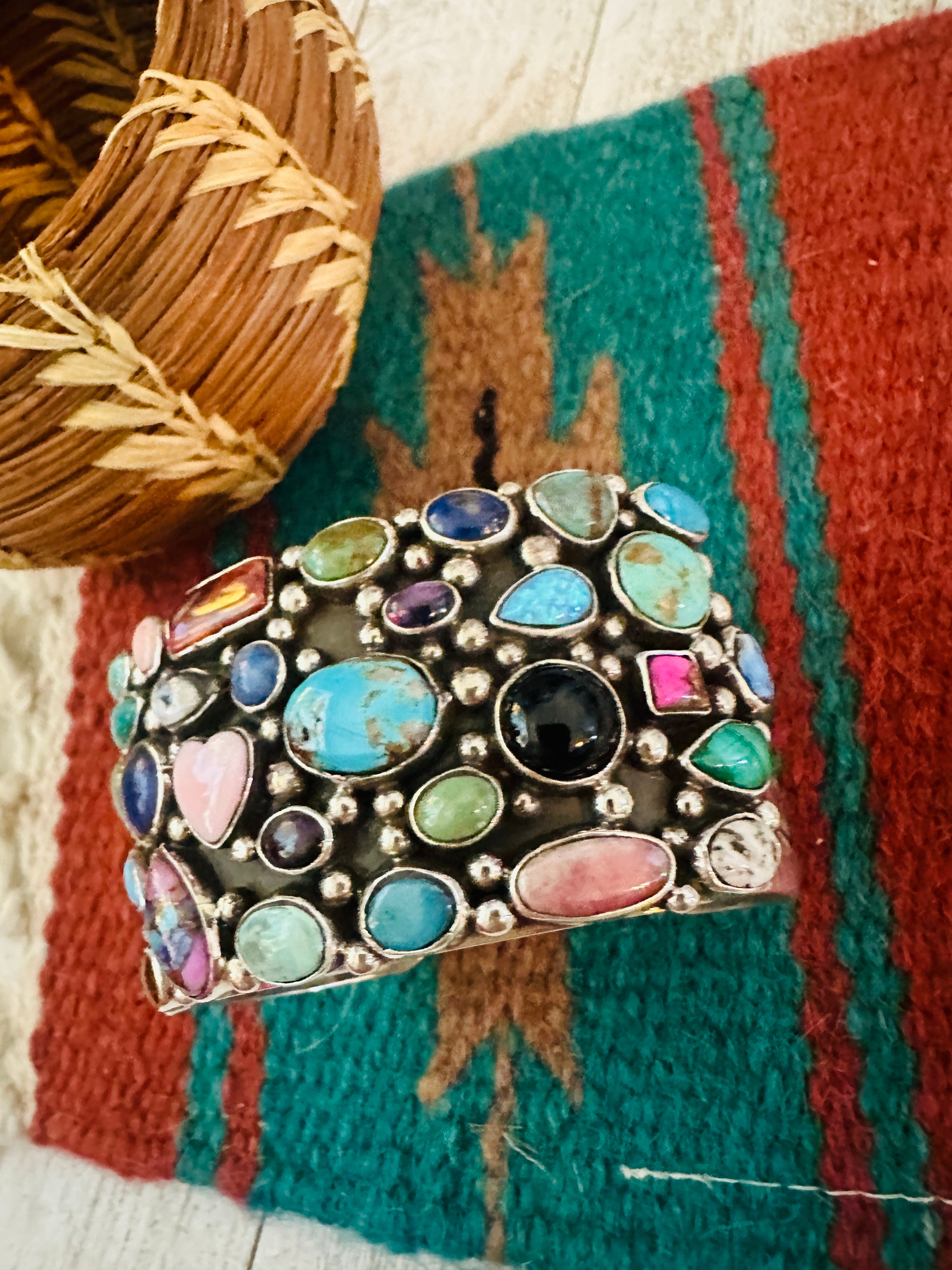 Navajo Multi Stone & Sterling Silver Cluster Cuff Bracelet