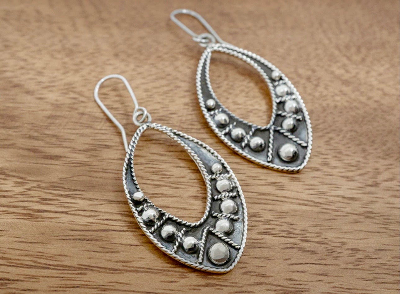 Vintage Style Beaded Sterling Silver Marquise Earrings