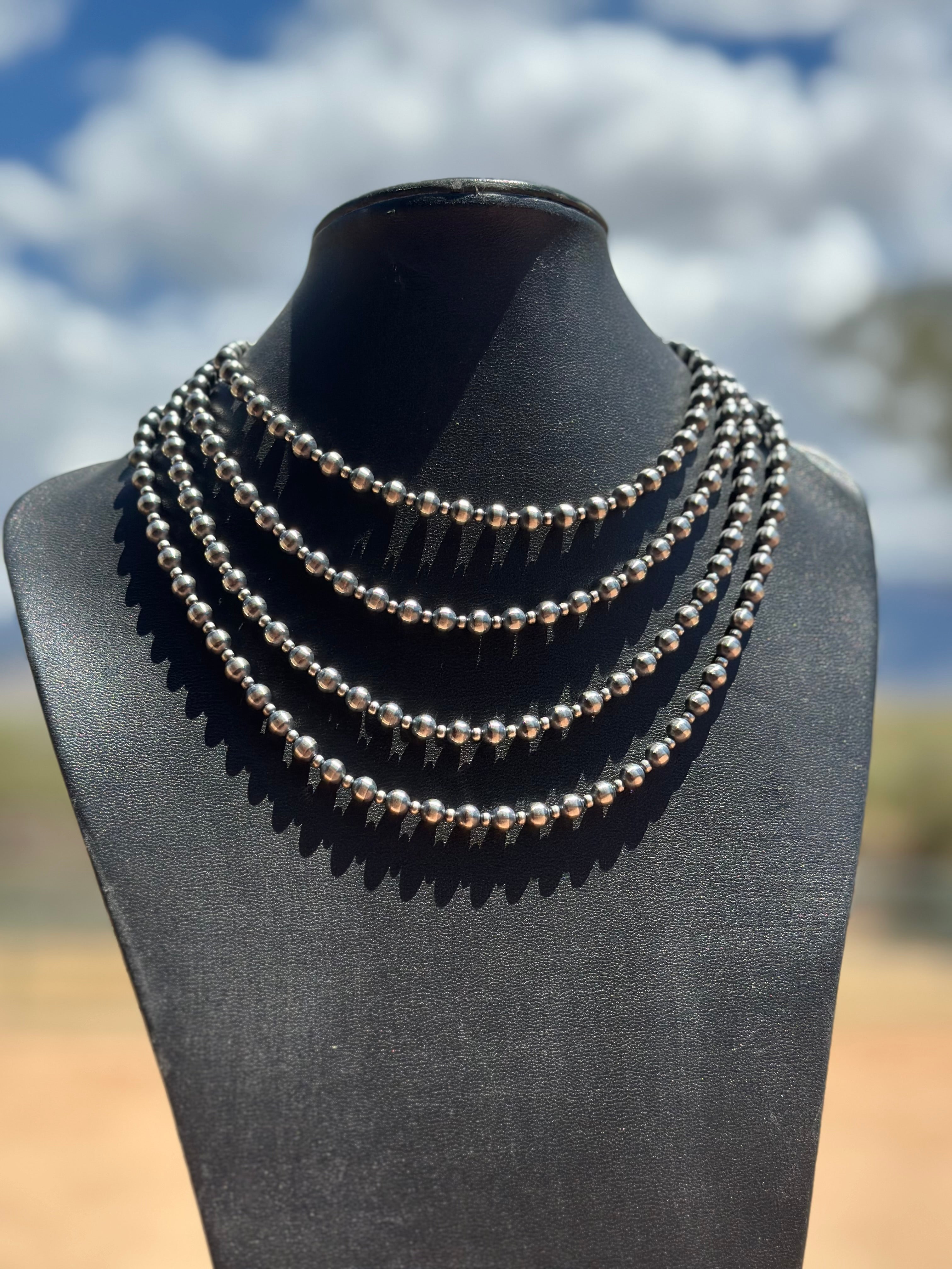 Handcrafted Patterned Pearl Style 3-6mm Sterling Silver Beaded Necklaces