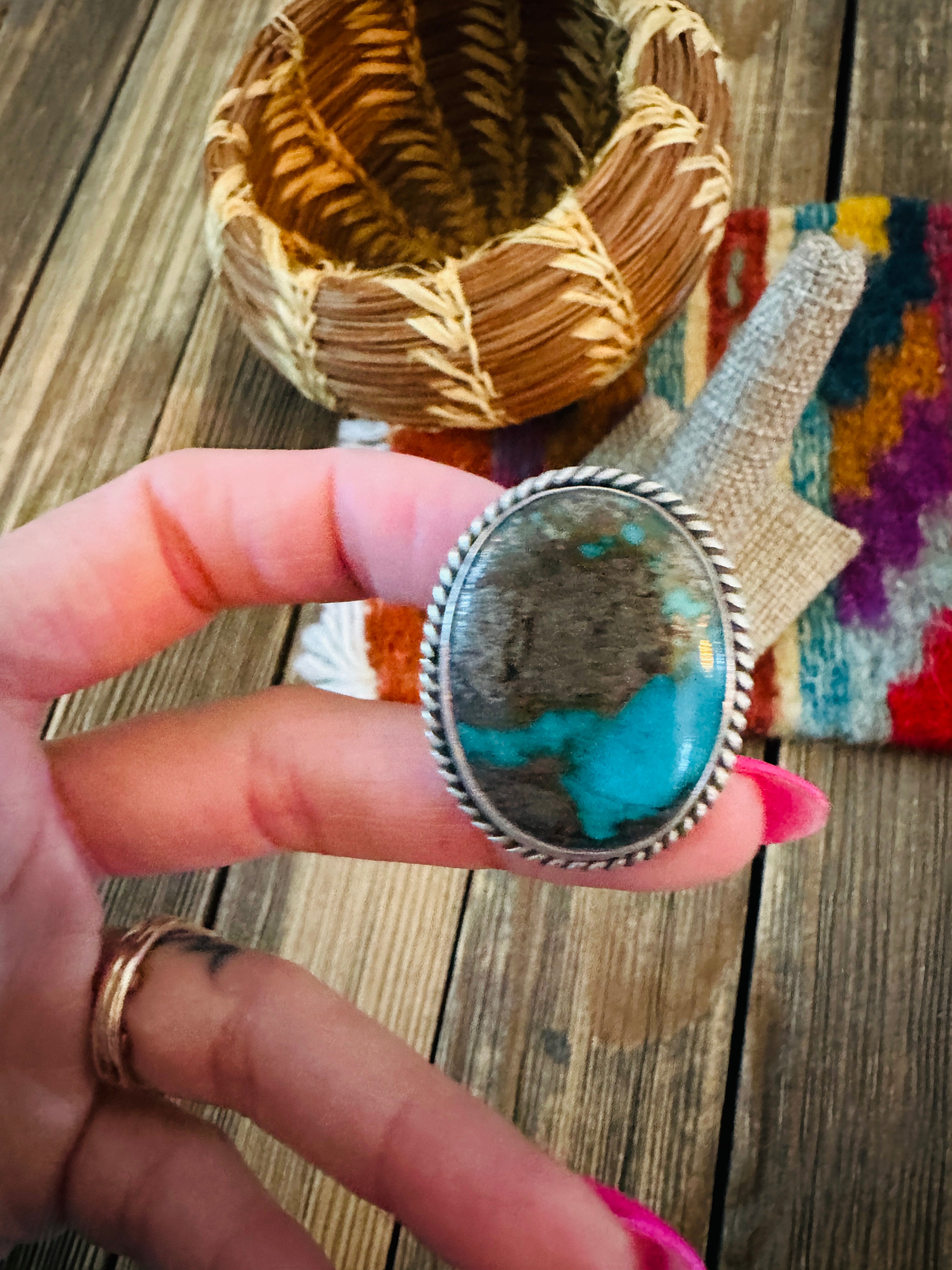 Handcrafted Turquoise & Sterling Silver Ring by Patrick Yazzie Size 10.5