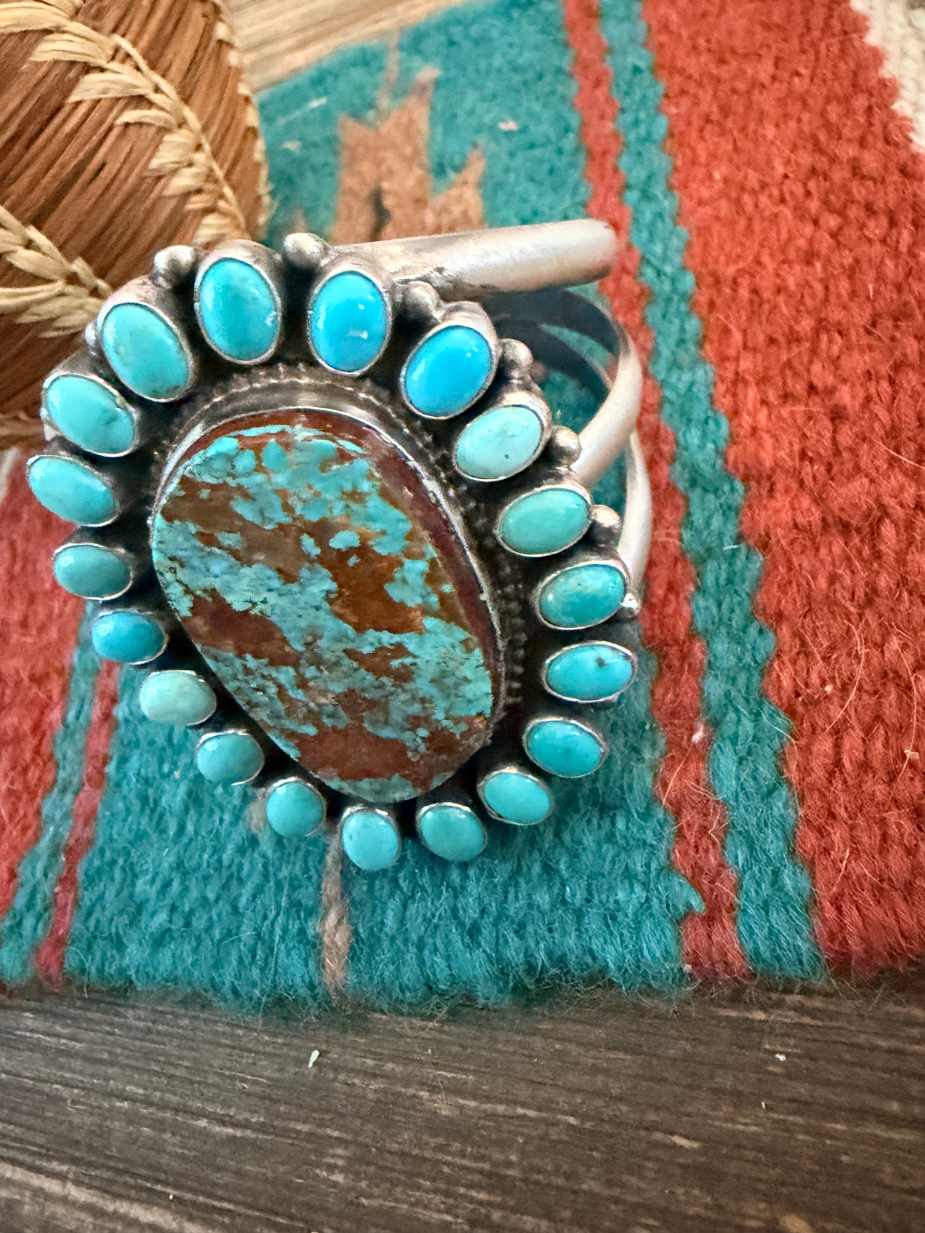 Handcrafted Royston Turquoise & Sterling Silver Cluster Cuff Bracelet by Bobby Johnson
