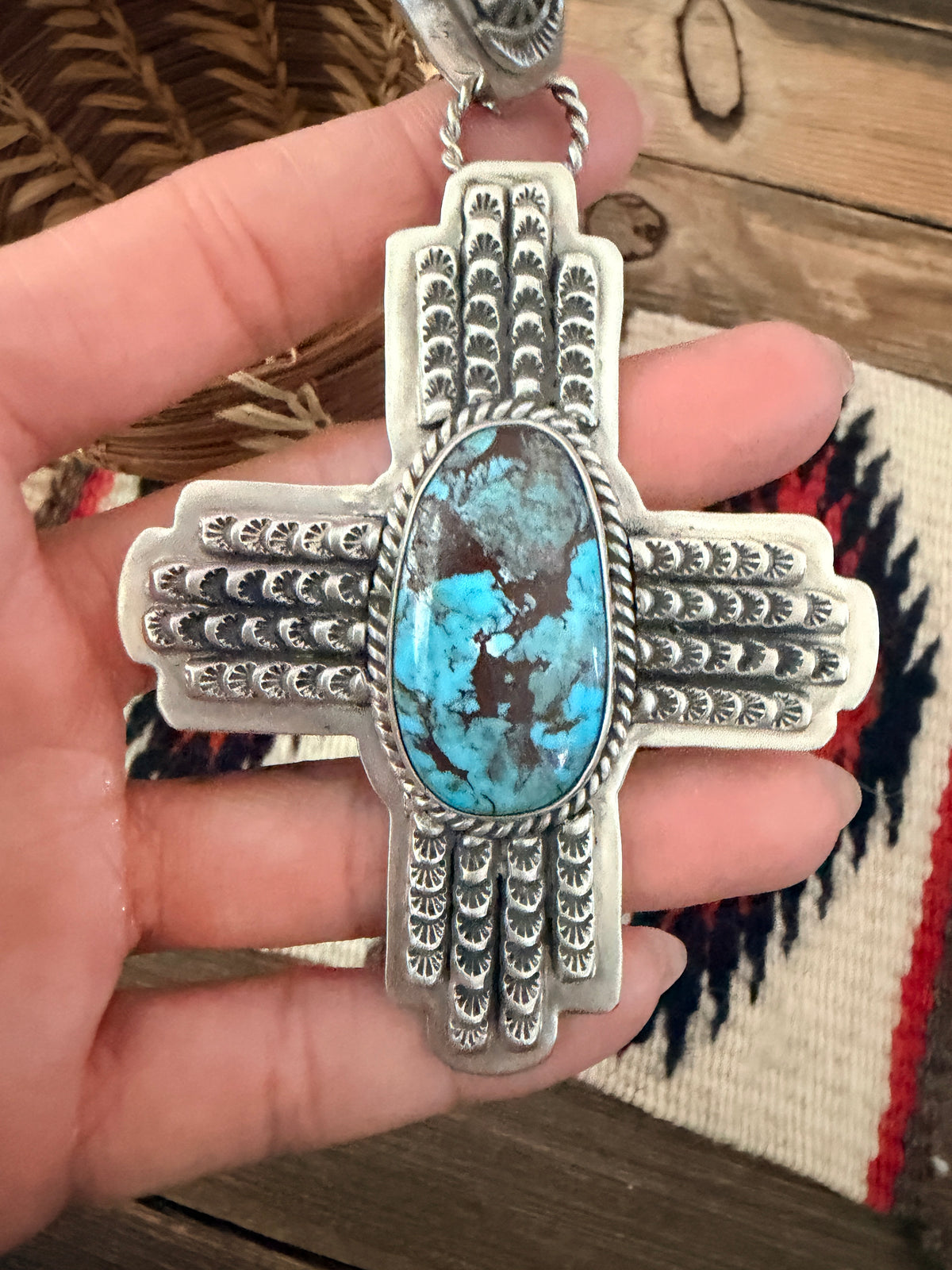 Handcrafted Turquoise & Sterling Silver Cross Pendant by Larry Kaye