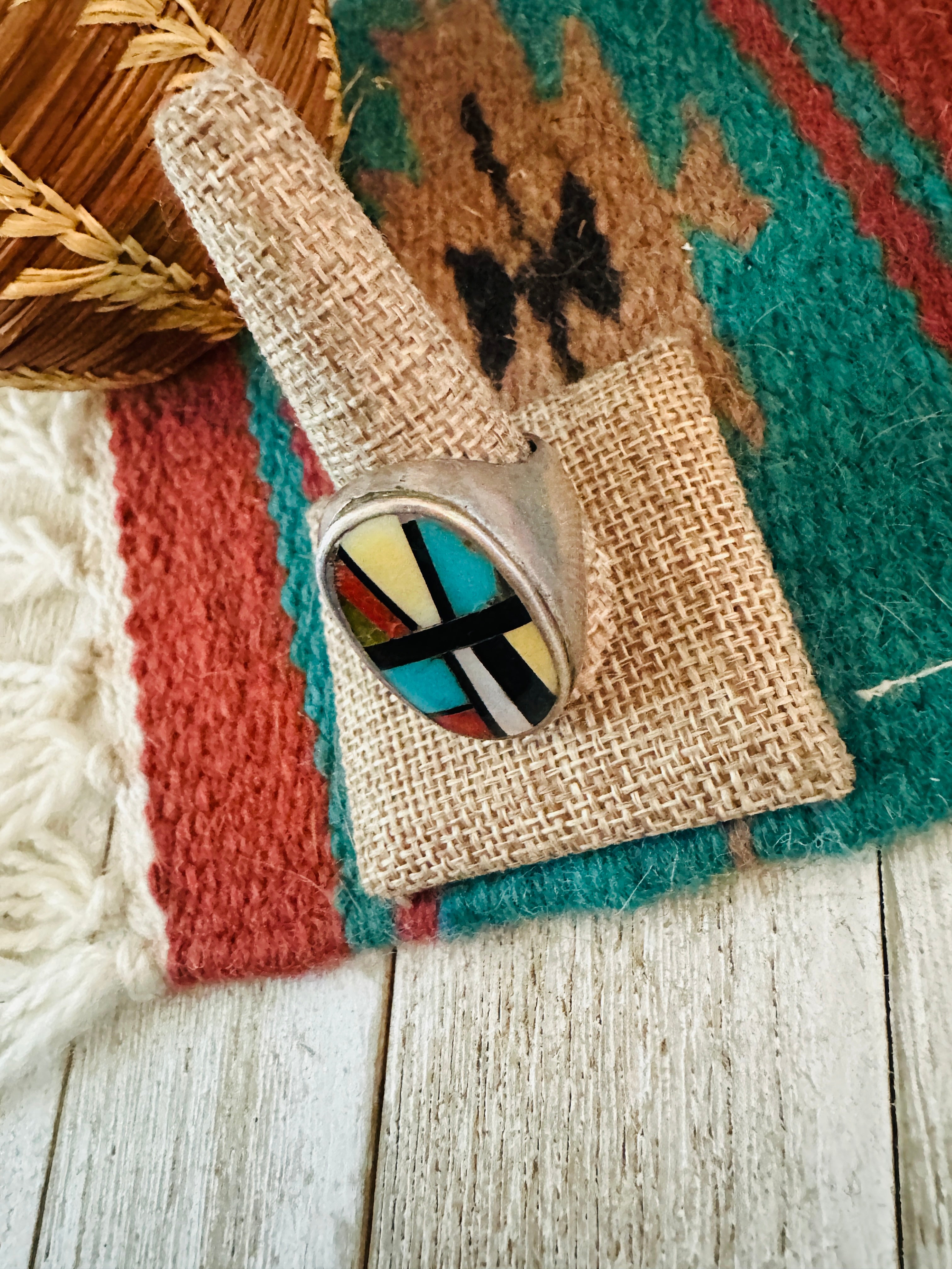 Old Pawn Handcrafted Multi Stone & Sterling Silver Inlay Ring Size 12