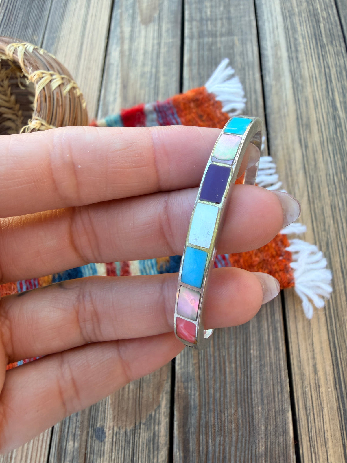 Handcrafted Old Pawn Sterling Silver & Multi Stone Inlay Cuff Bracelet