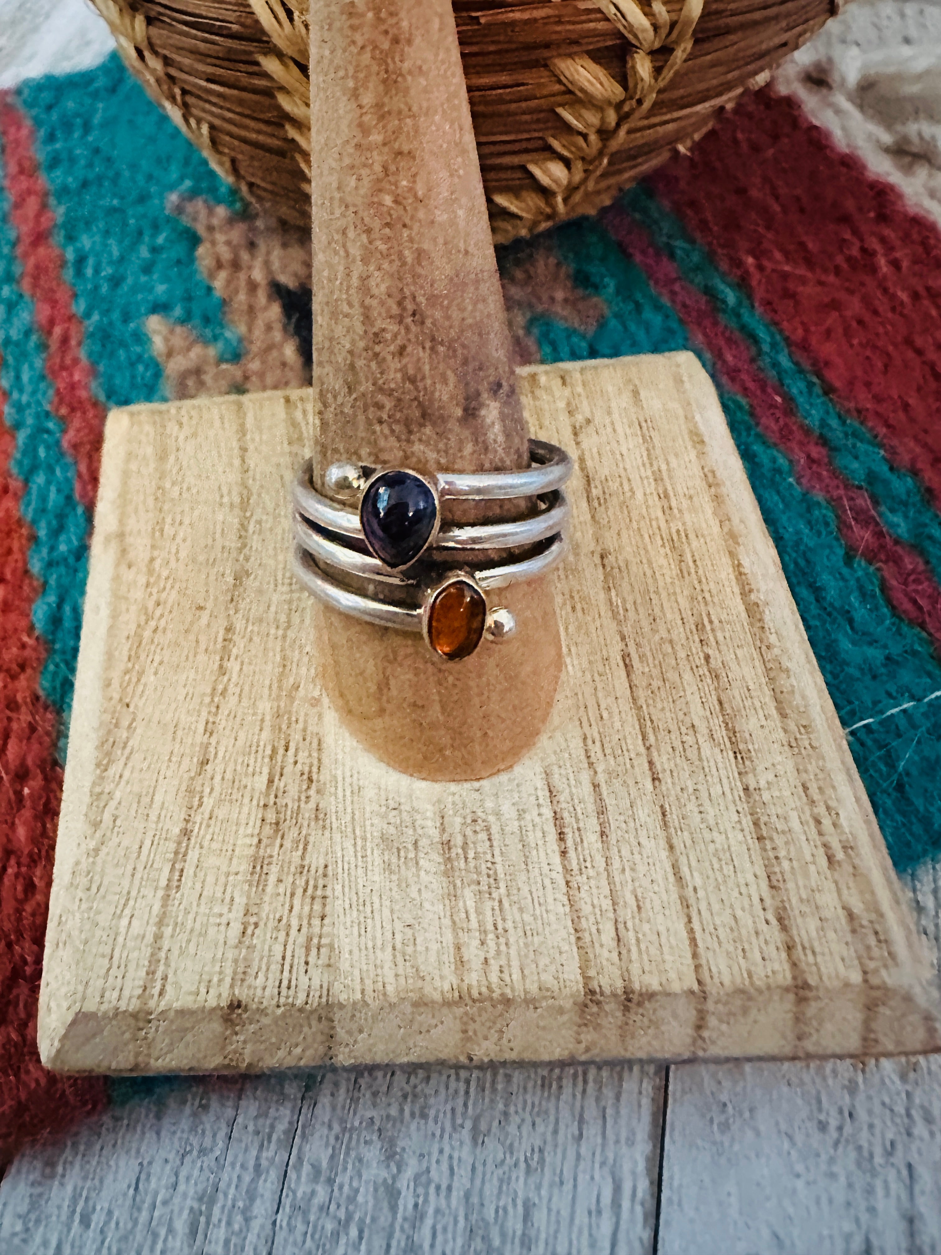 Navajo Amber, Amethyst & Sterling Silver Ring Size 8.5