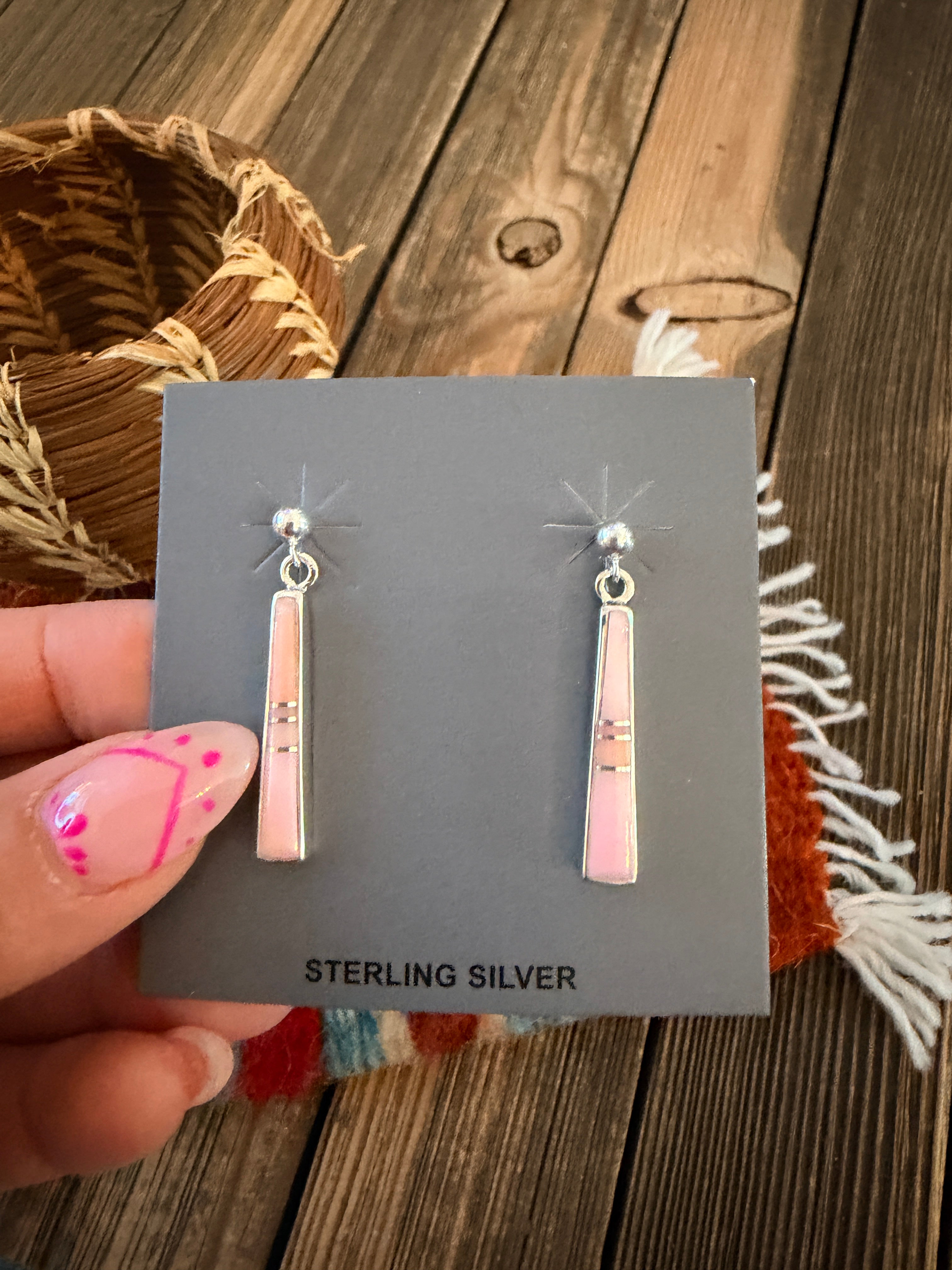 Handcrafted Queen Pink Conch & Sterling Silver Inlay Dangle Earrings by Rick Tolino
