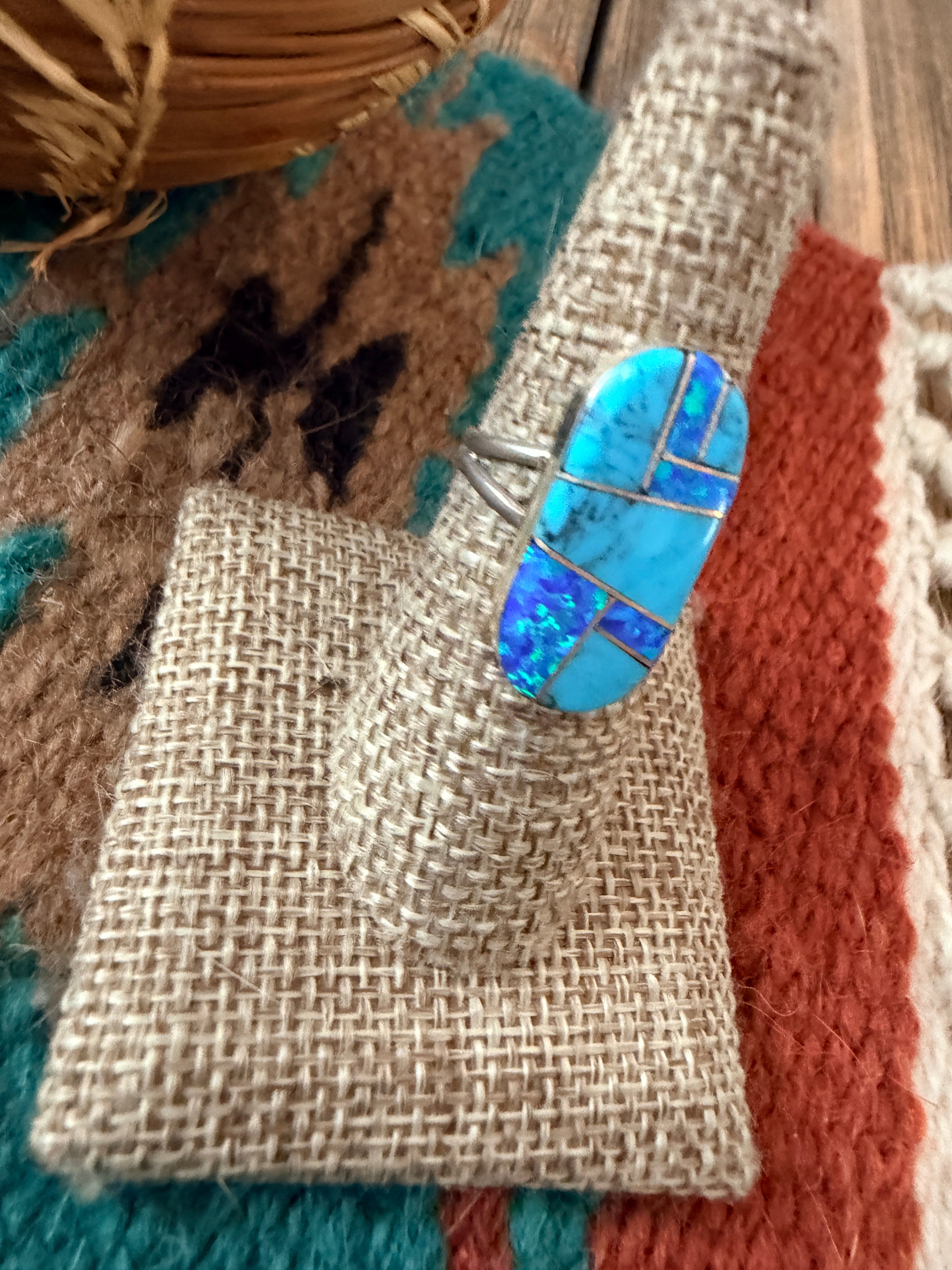 Old Pawn Handcrafted Turquoise, Opal & Sterling Silver Inlay Ring Size 7