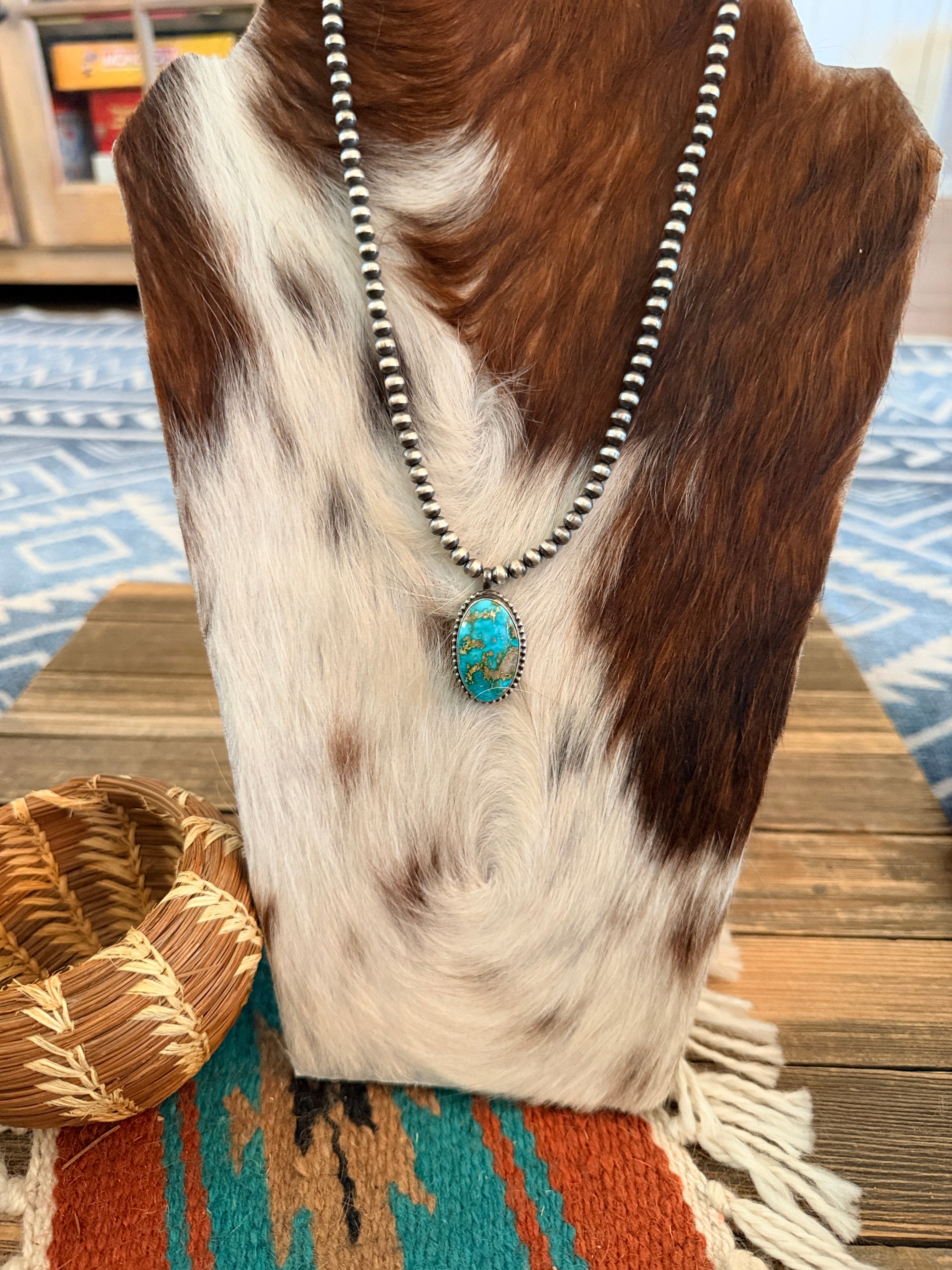 Handcrafted Turquoise & 5mm Sterling Silver Pearl 18” Beaded Necklace