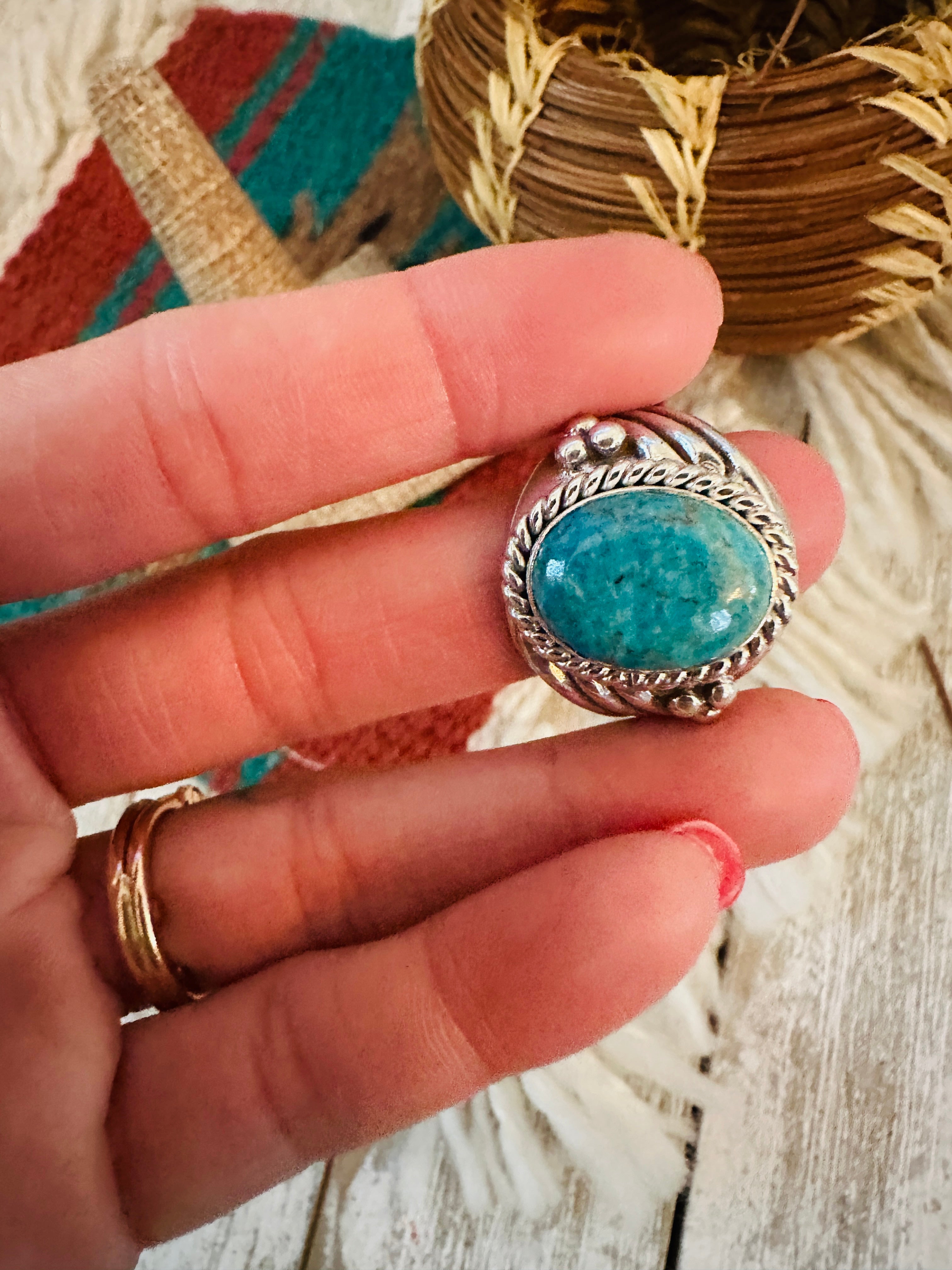 Handcrafted Turquoise & Sterling Silver Cigar Band Ring Size 9.75