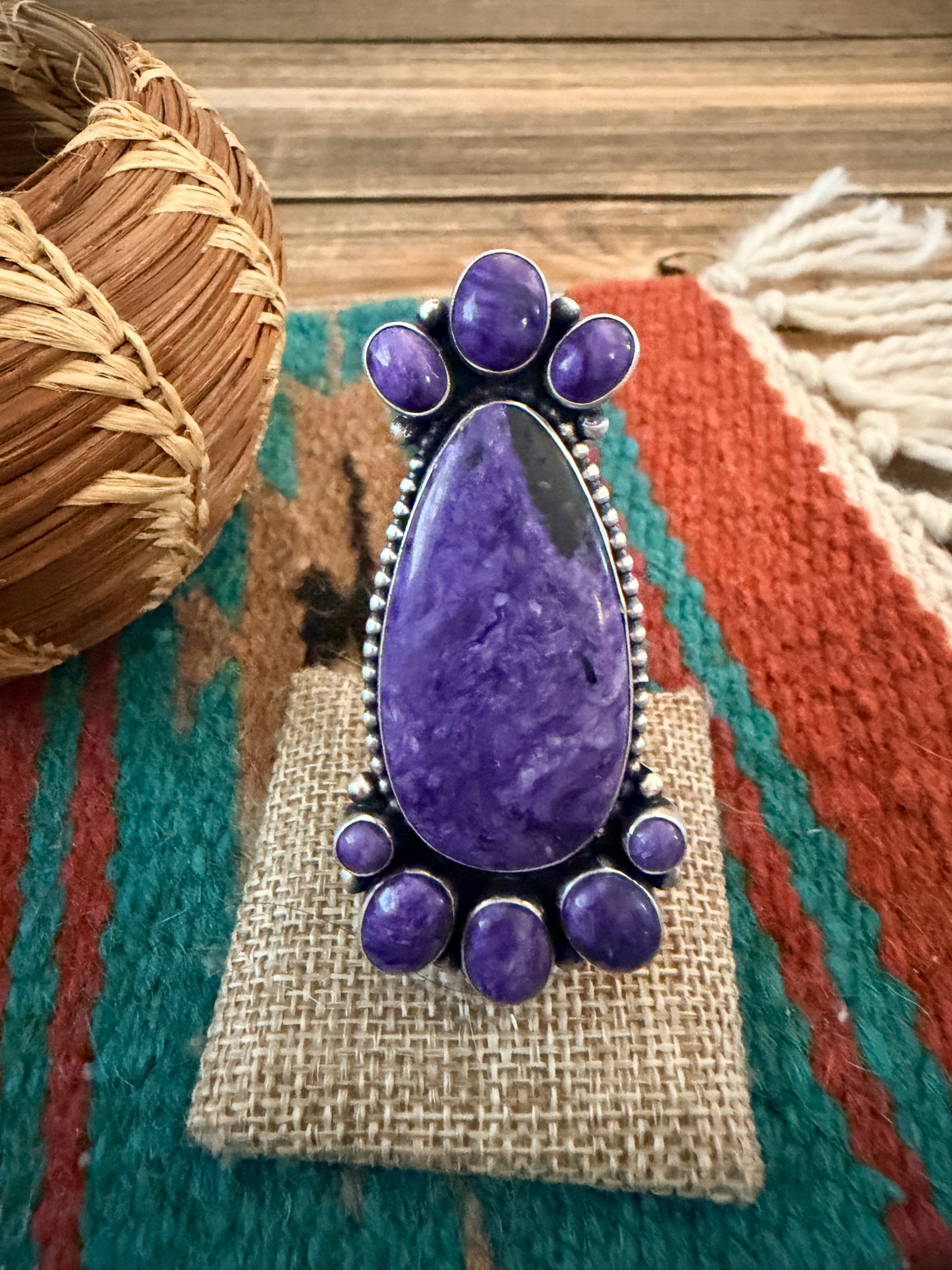 Handcrafted Charoite & Sterling Silver Cluster Ring by Blaine Yellowhorse