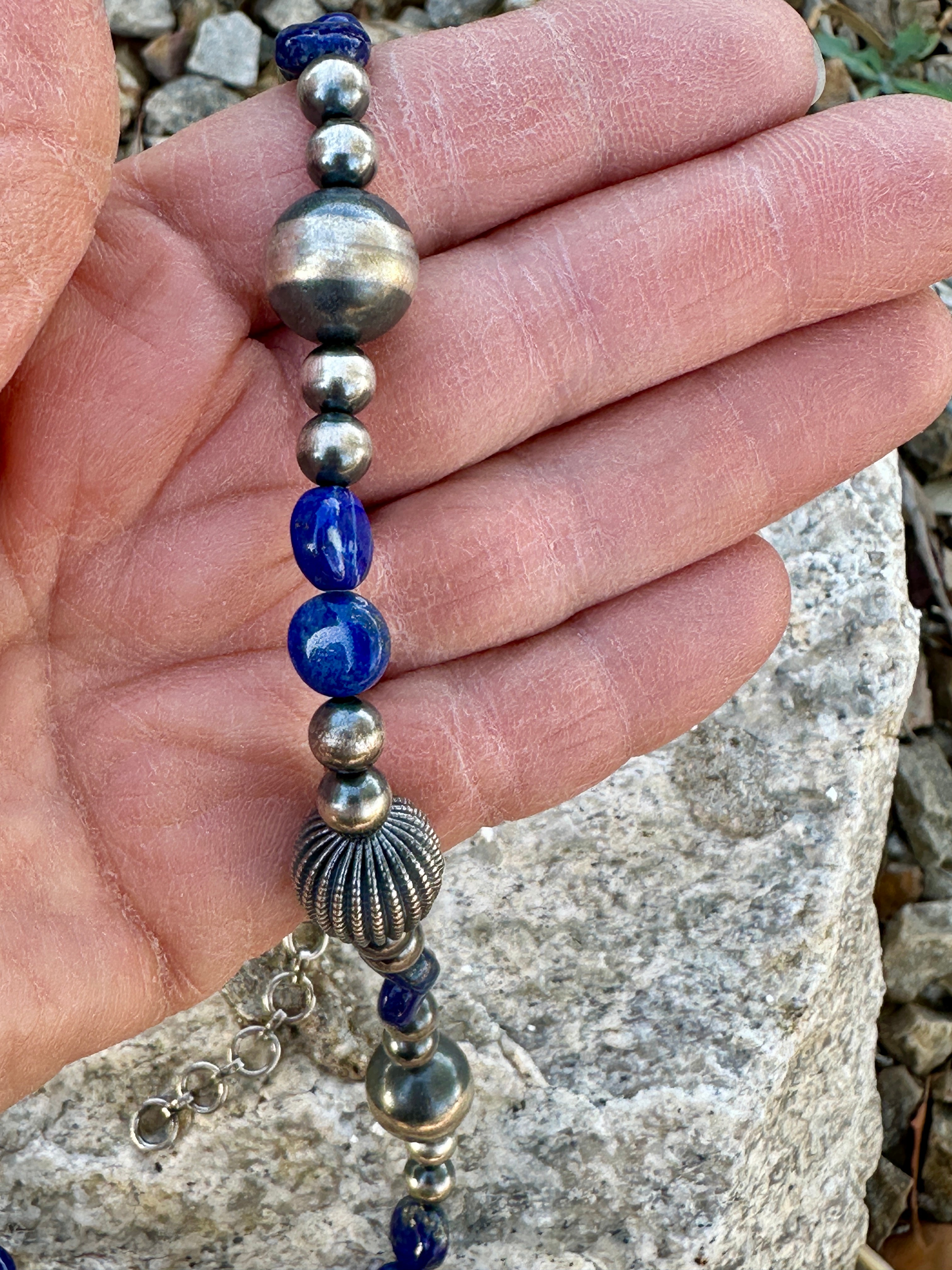 Handmade Lapis Beaded Sterling Silver Necklace