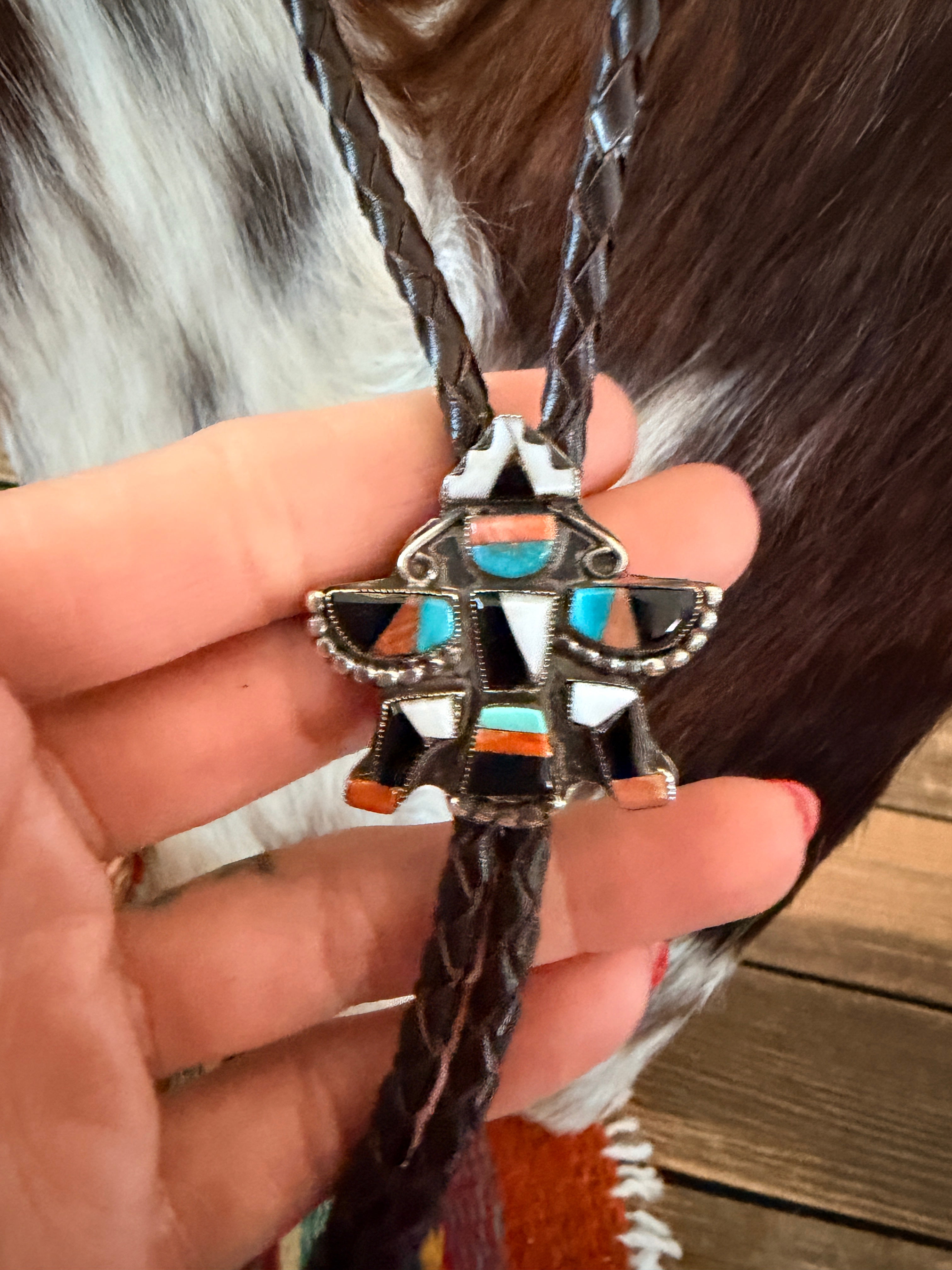Handcrafted Vintage Old Pawn Sterling Silver & Multi Stone Inlay Thunderbird Bolo Tie