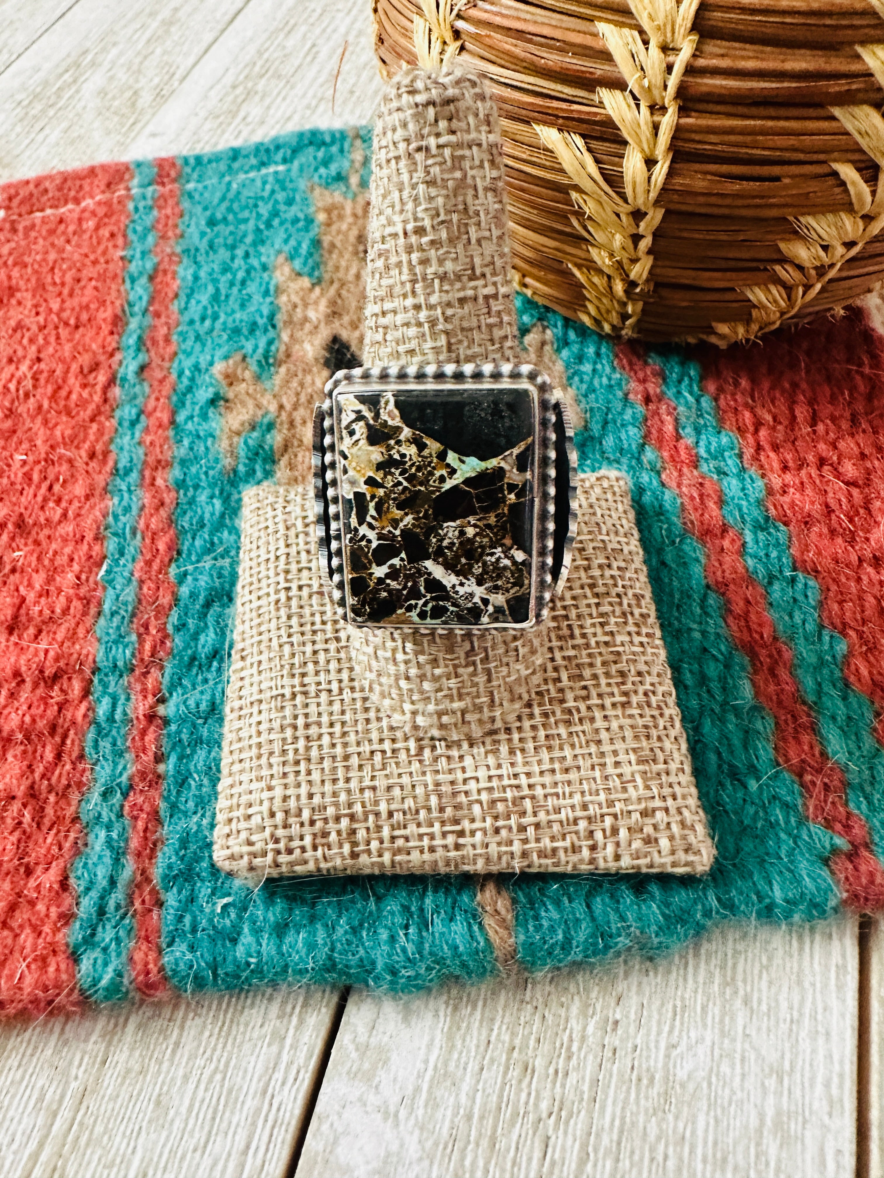 Handcrafted Blackjack Turquoise & Sterling Silver Ring Size 10 by Jackson Hoskie