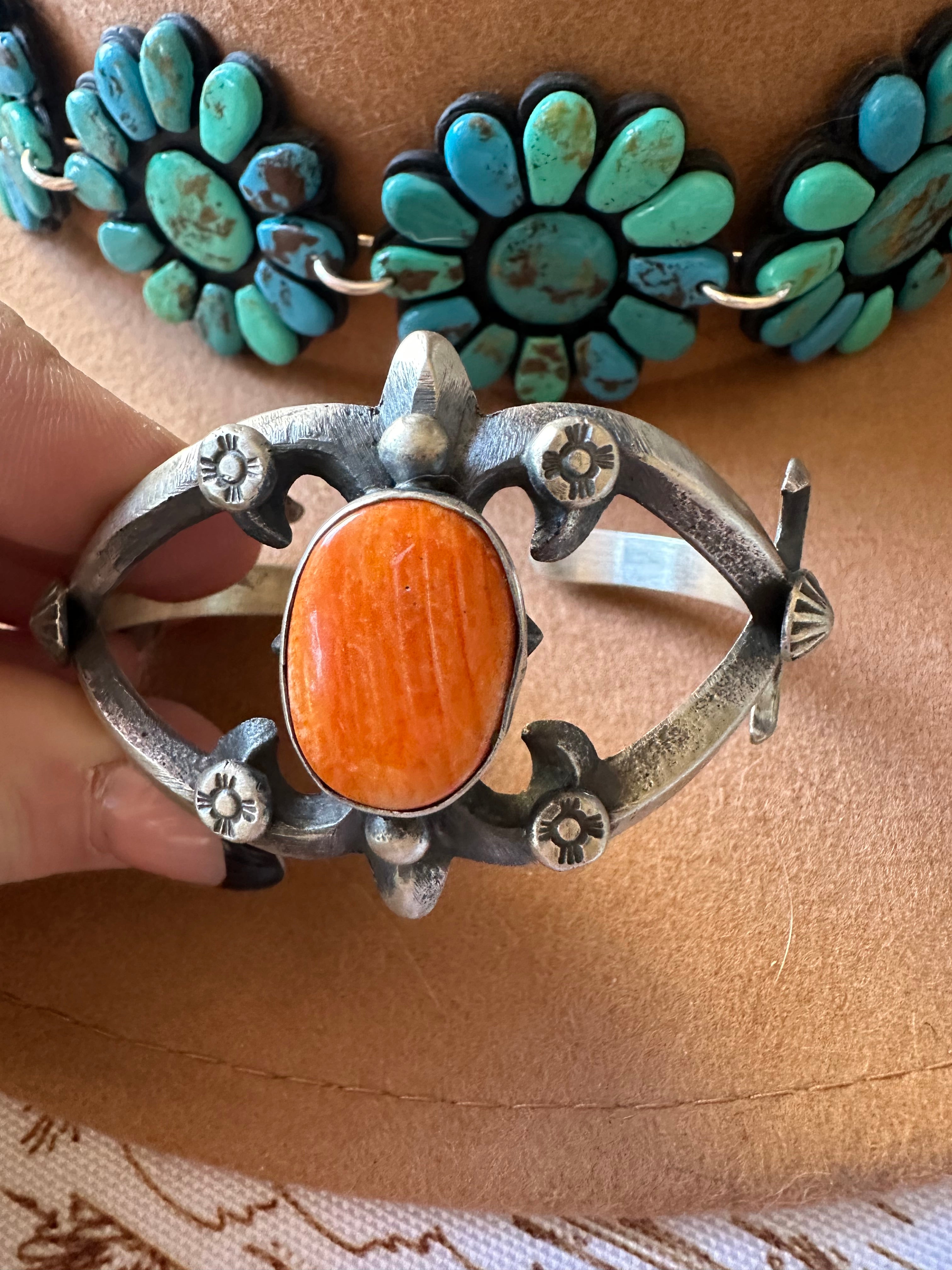 Navajo Single Stone Orange Spiny & Sterling Silver Cuff Bracelet by Chimney Butte