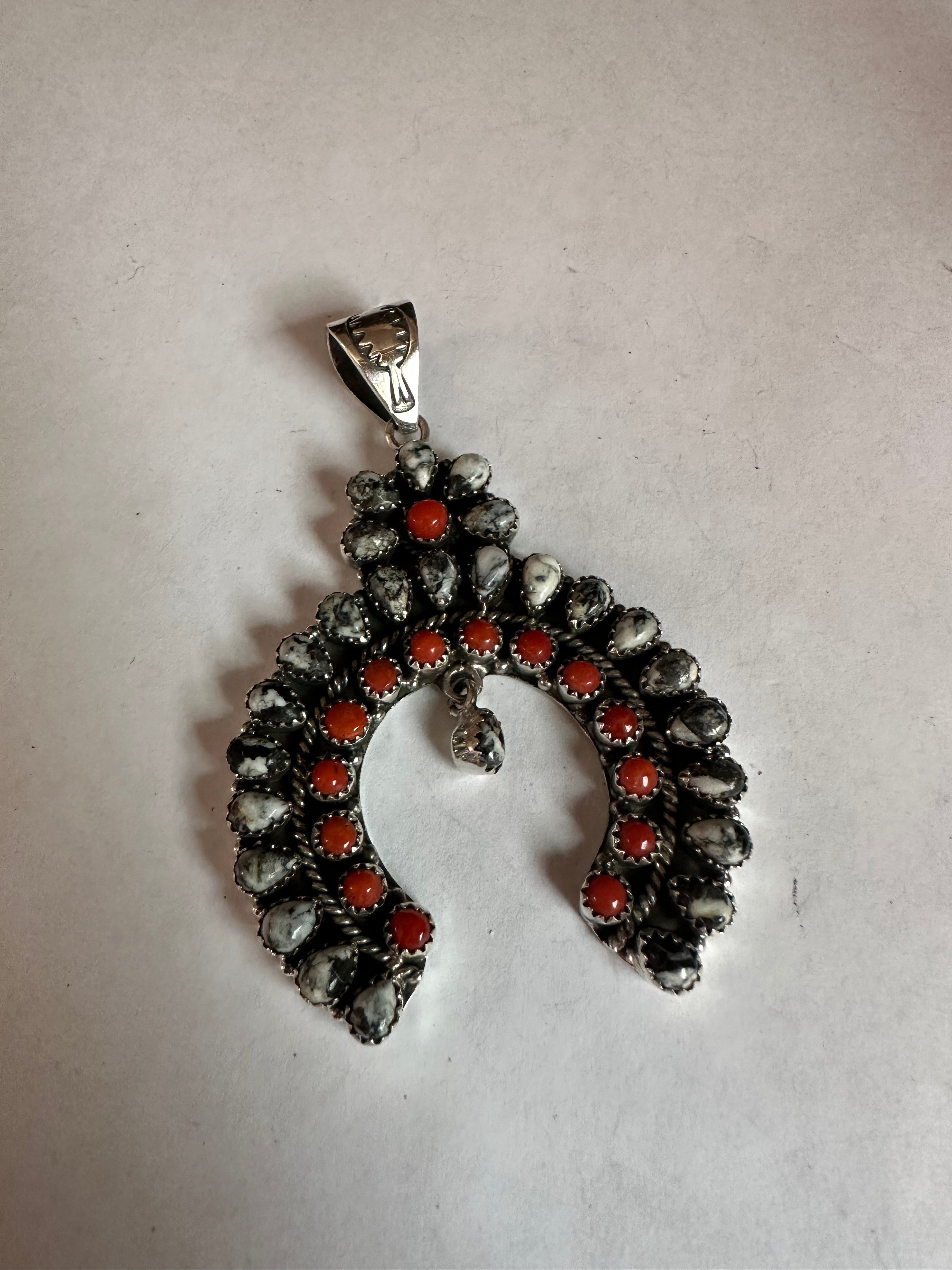 Handmade Sterling Silver, White Buffalo & Coral Cluster Naja Pendant Signed Nizhoni